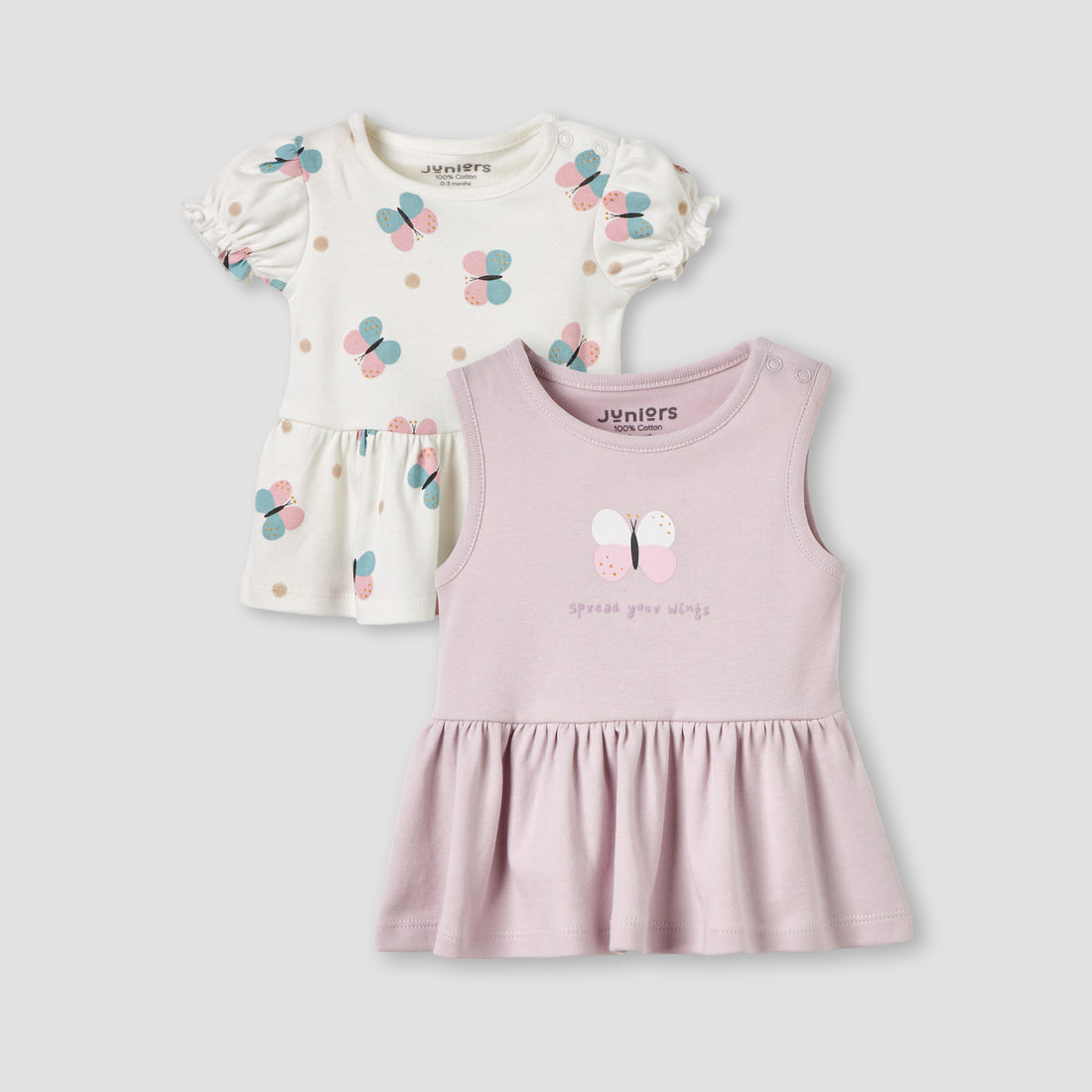 Pack of 2 Juniors Round Neck A-line Dress with Butterfly Print - Multicolour / 12-18 mths