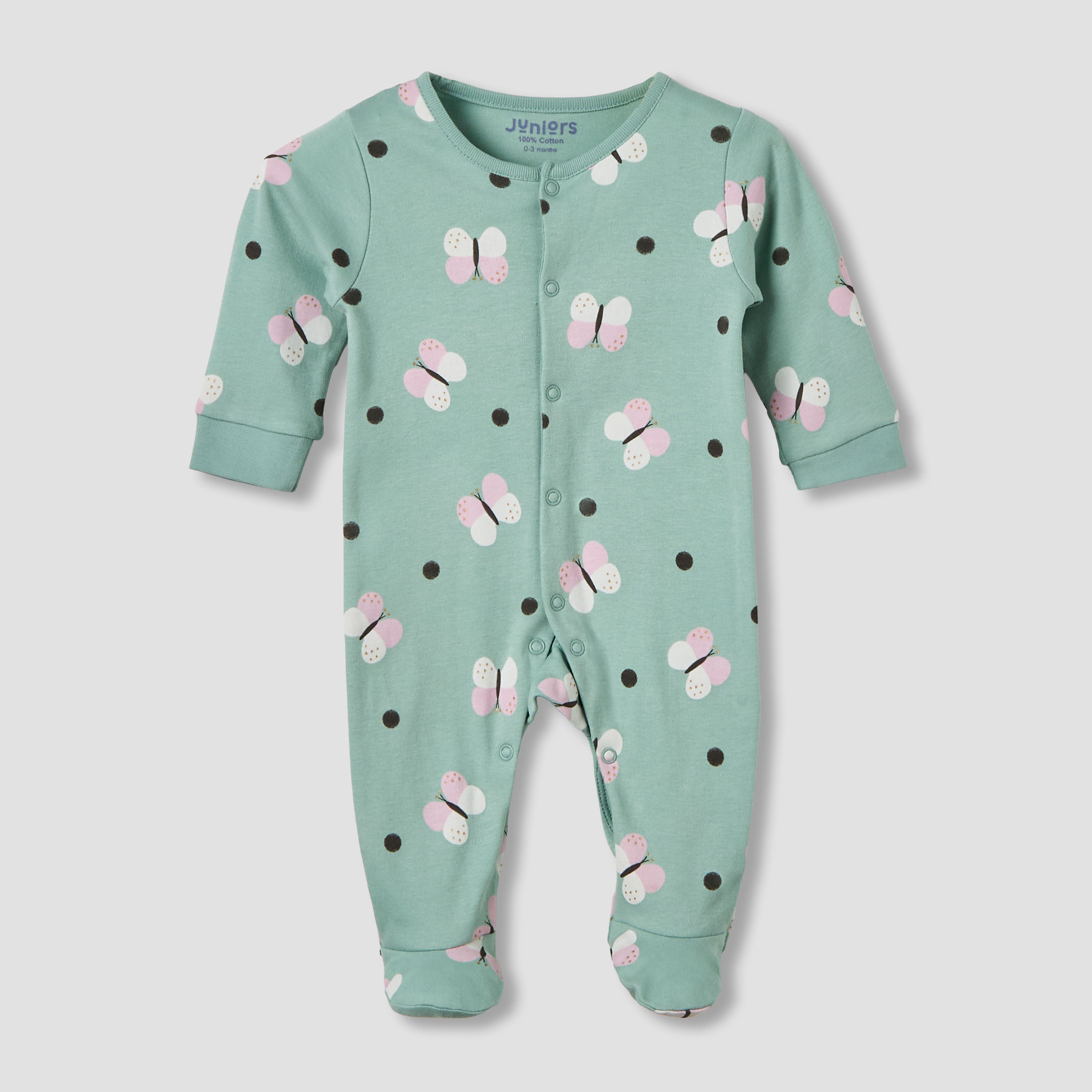 Pack of 2 Juniors Cotton Round Neck Long Sleeves Sleepsuit with Butterfly Print