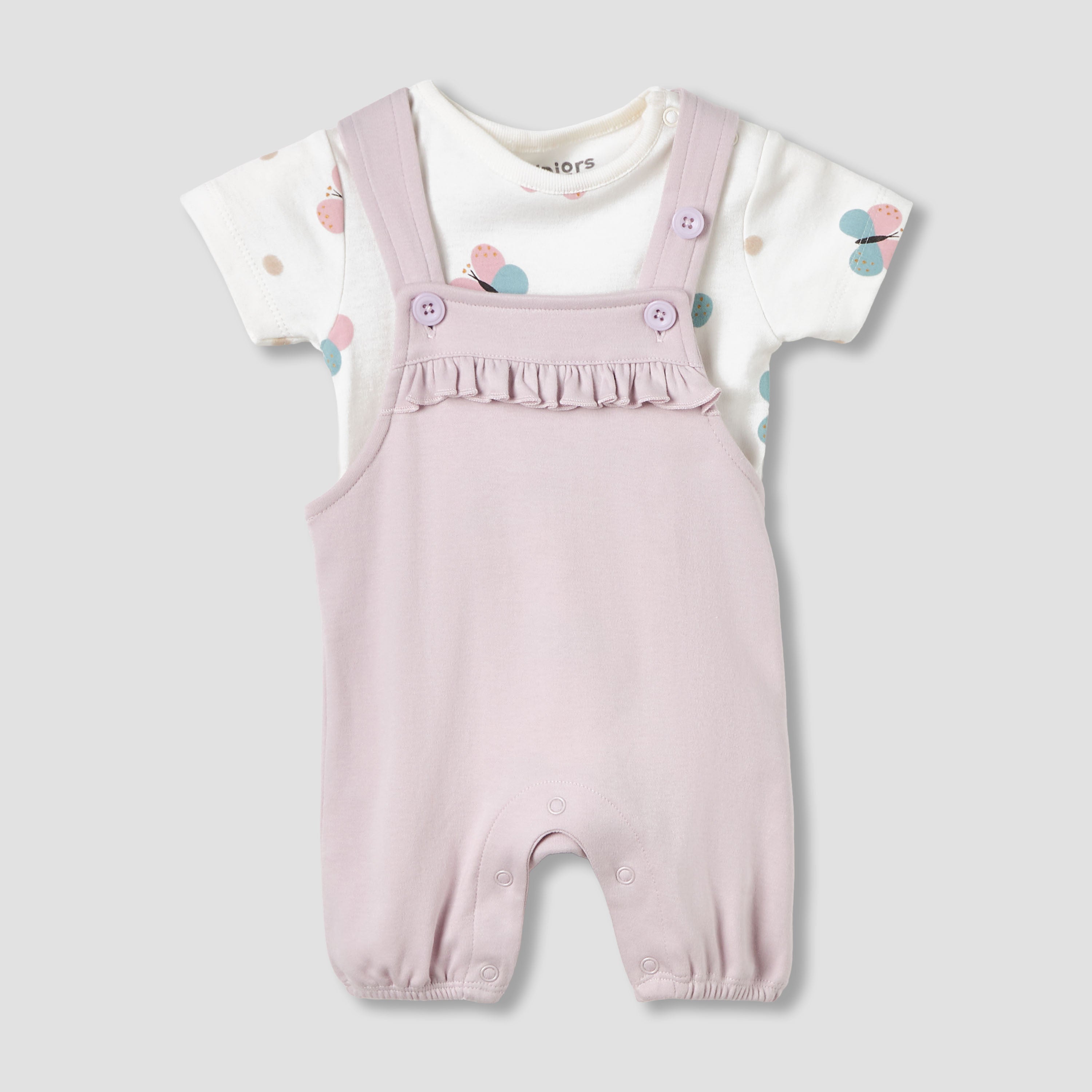 Juniors Round Neck Short Sleeves T-shirt and Dungaree Set with Butterfly Print - Multicolour / 12-18 mths