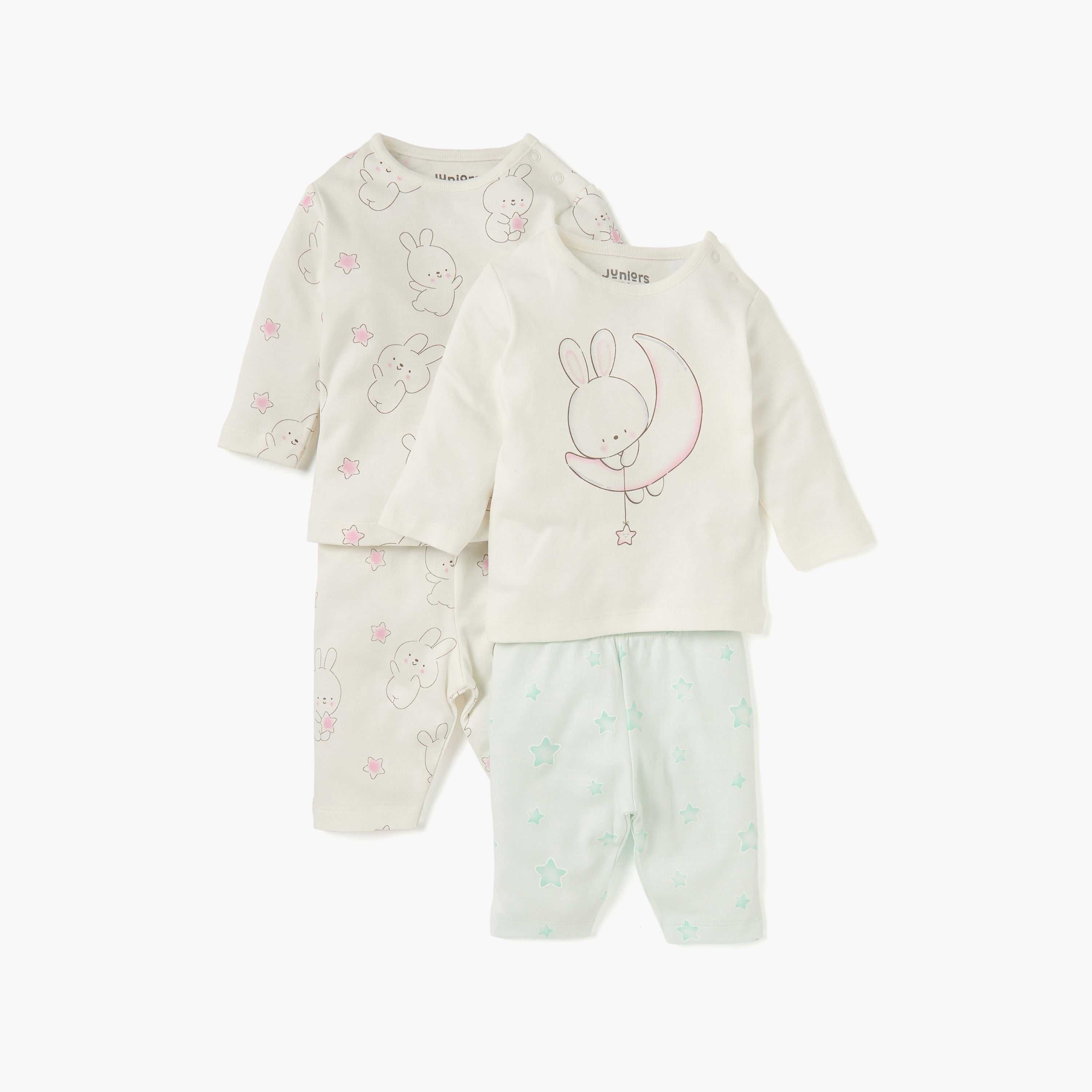 Juniors Bunny Print Long Sleeves T-shirt and Elasticated Pyjamas - Set of 2 - Multicolour / 12-18 mths