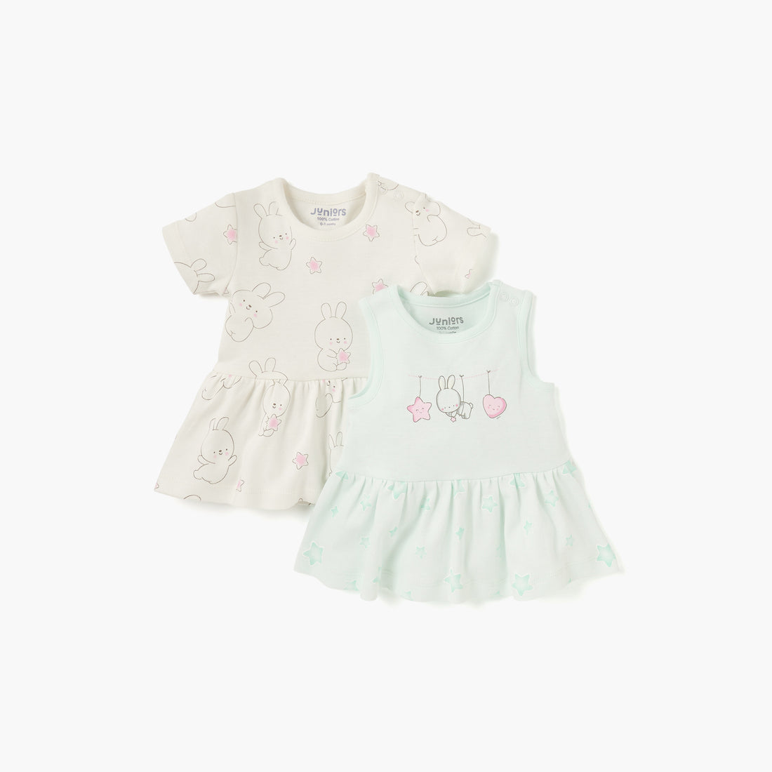 Juniors Printed Dress with Round Neck - Set of 2 - Multicolour / 12-18 mths