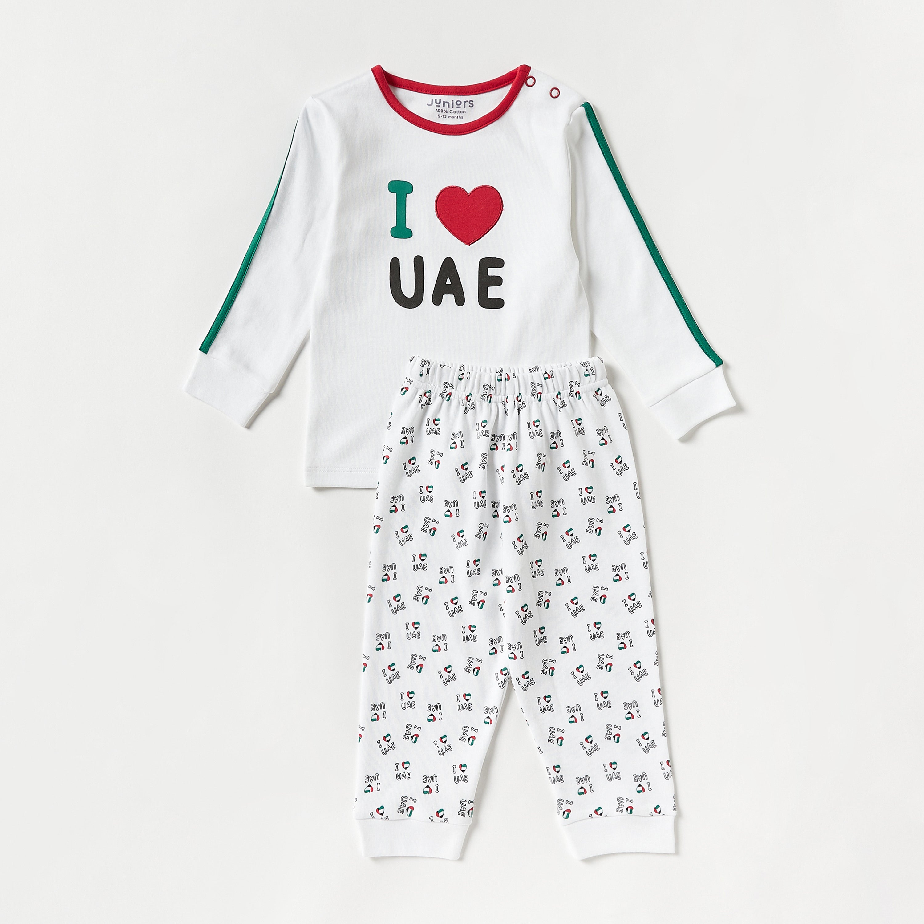 Juniors UAE National Day Print T-shirt and Pyjama Set - White / 12-18 mths