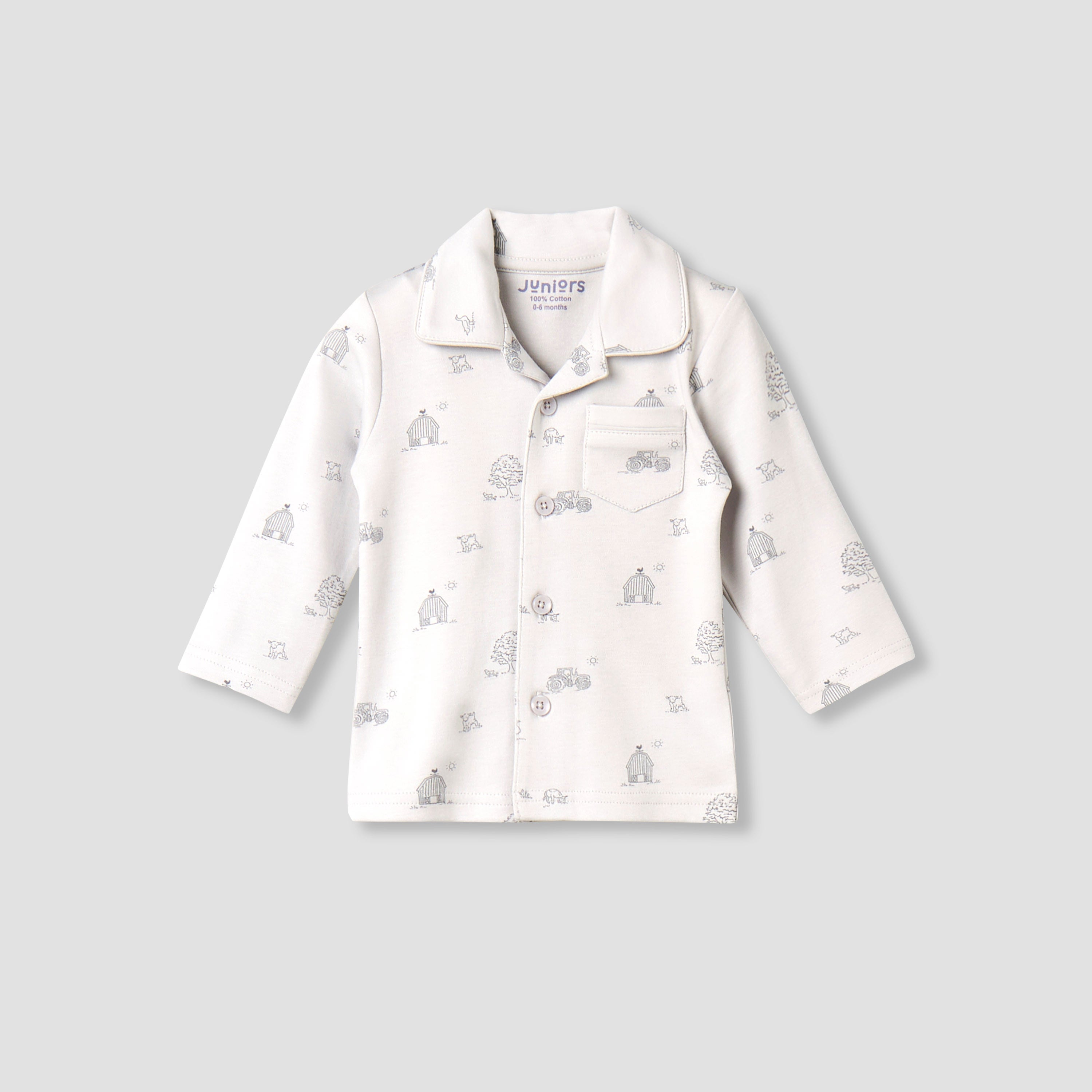 Juniors Cotton Collared Long Sleeves Pyjama Set with Barnyard Print