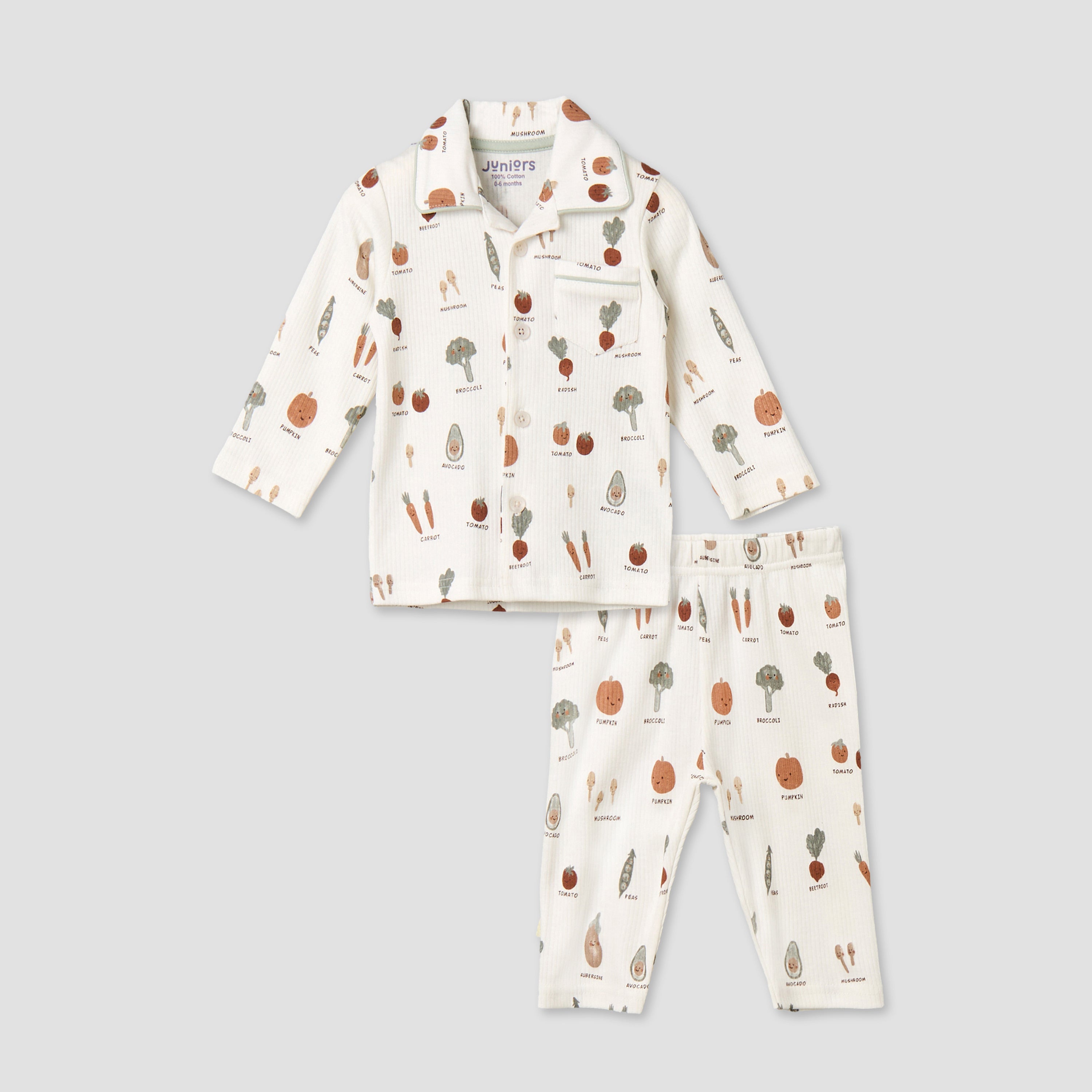Juniors Cotton Collared Long Sleeves Pyjama Set with Vegetable Print - Cream / 12-18 mths