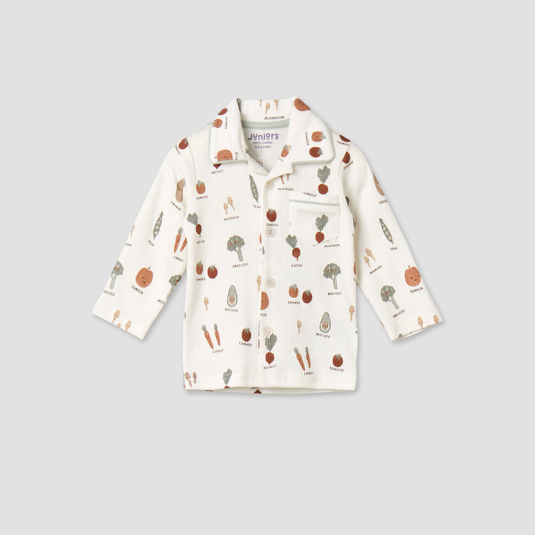 Juniors Cotton Collared Long Sleeves Pyjama Set with Vegetable Print