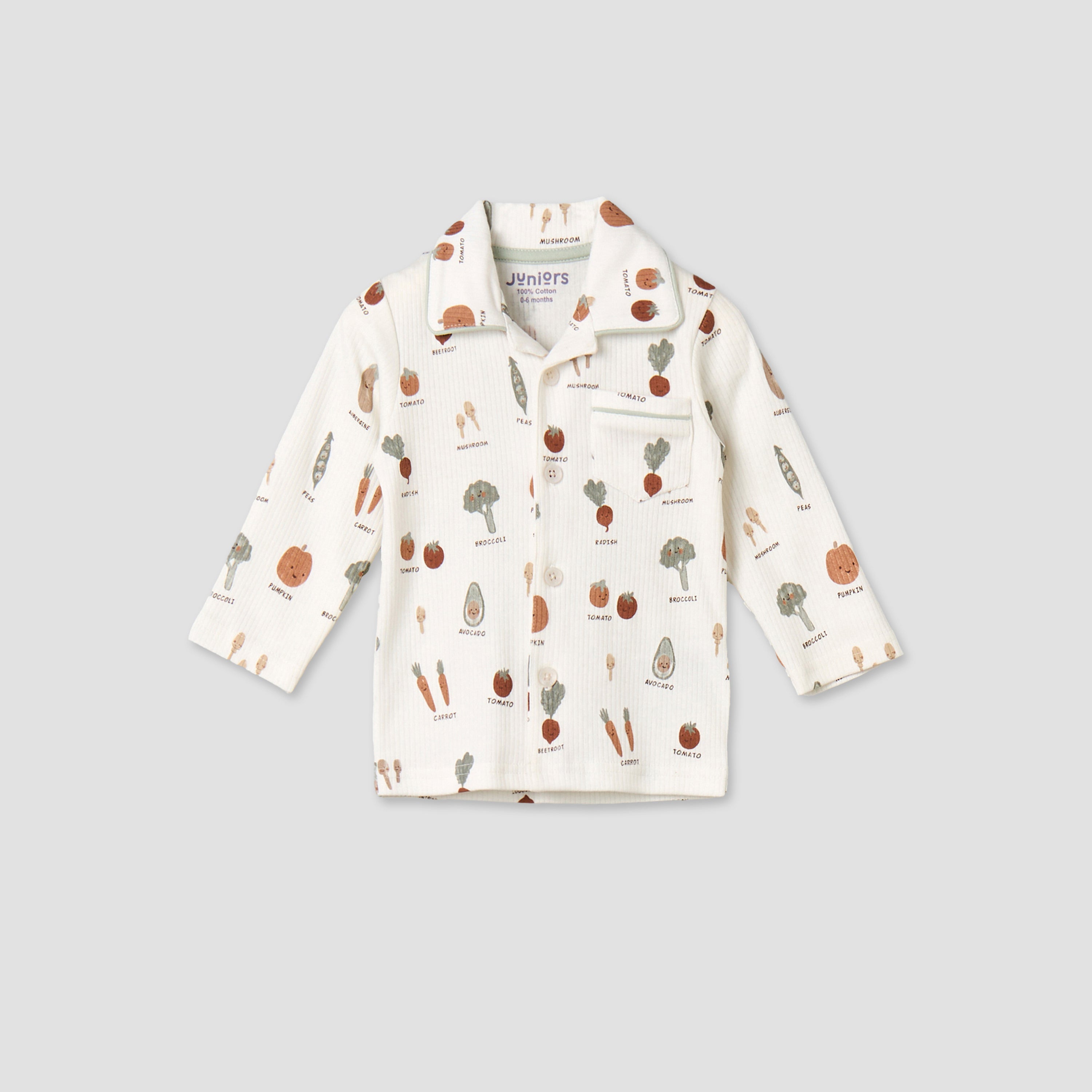 Juniors Cotton Collared Long Sleeves Pyjama Set with Vegetable Print