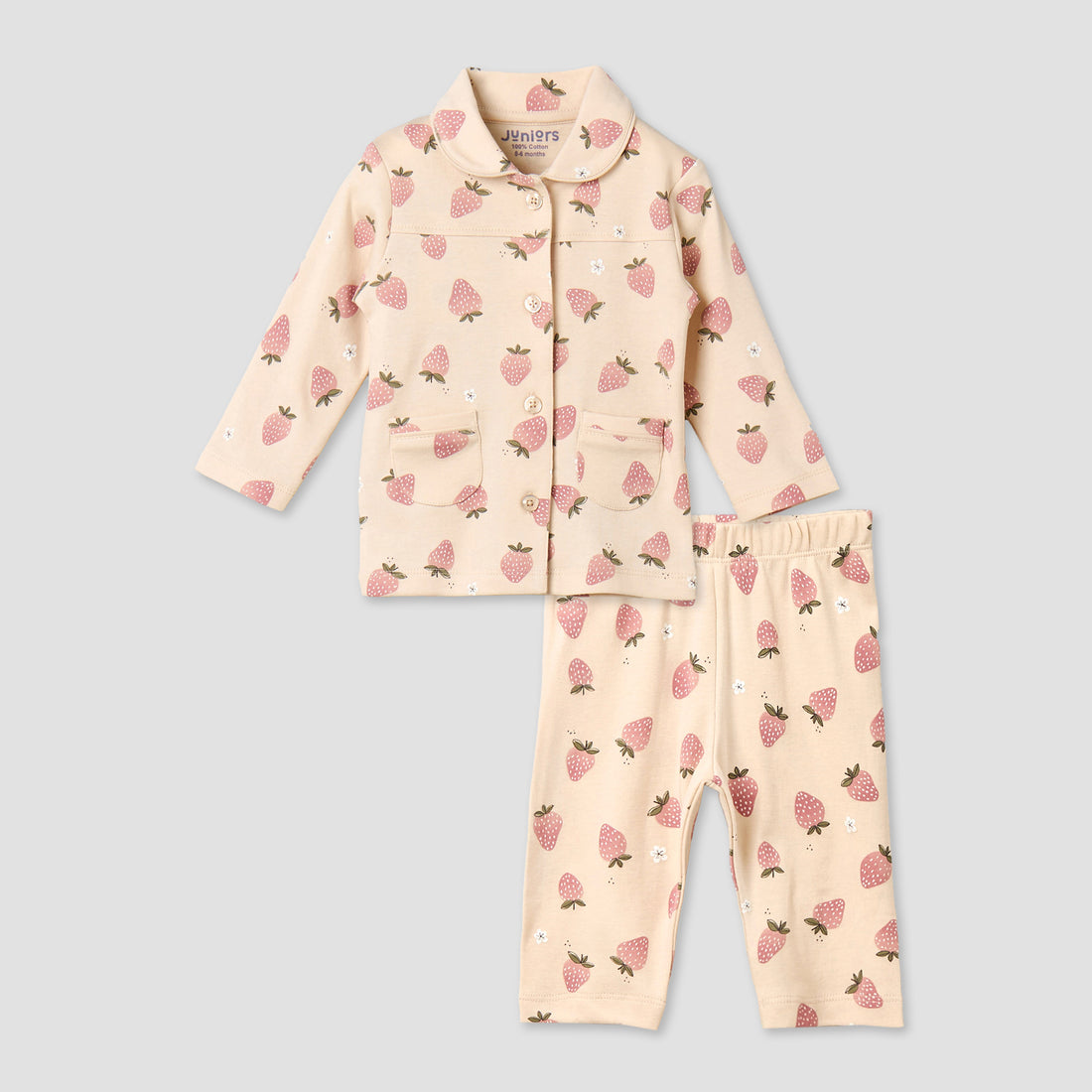 Juniors Cotton Collared Long Sleeves Pyjama Set with Strawberry Print