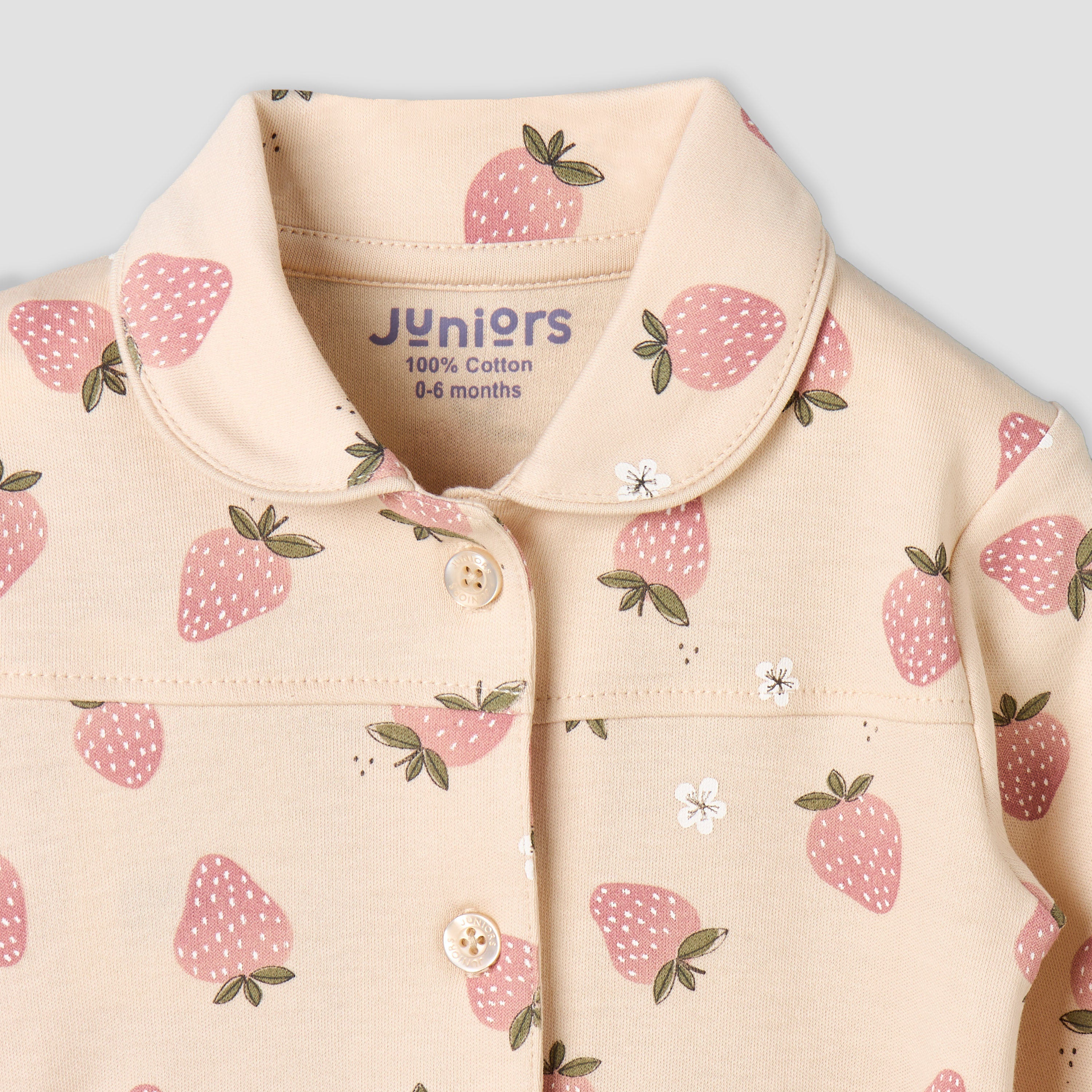 Juniors Cotton Collared Long Sleeves Pyjama Set with Strawberry Print