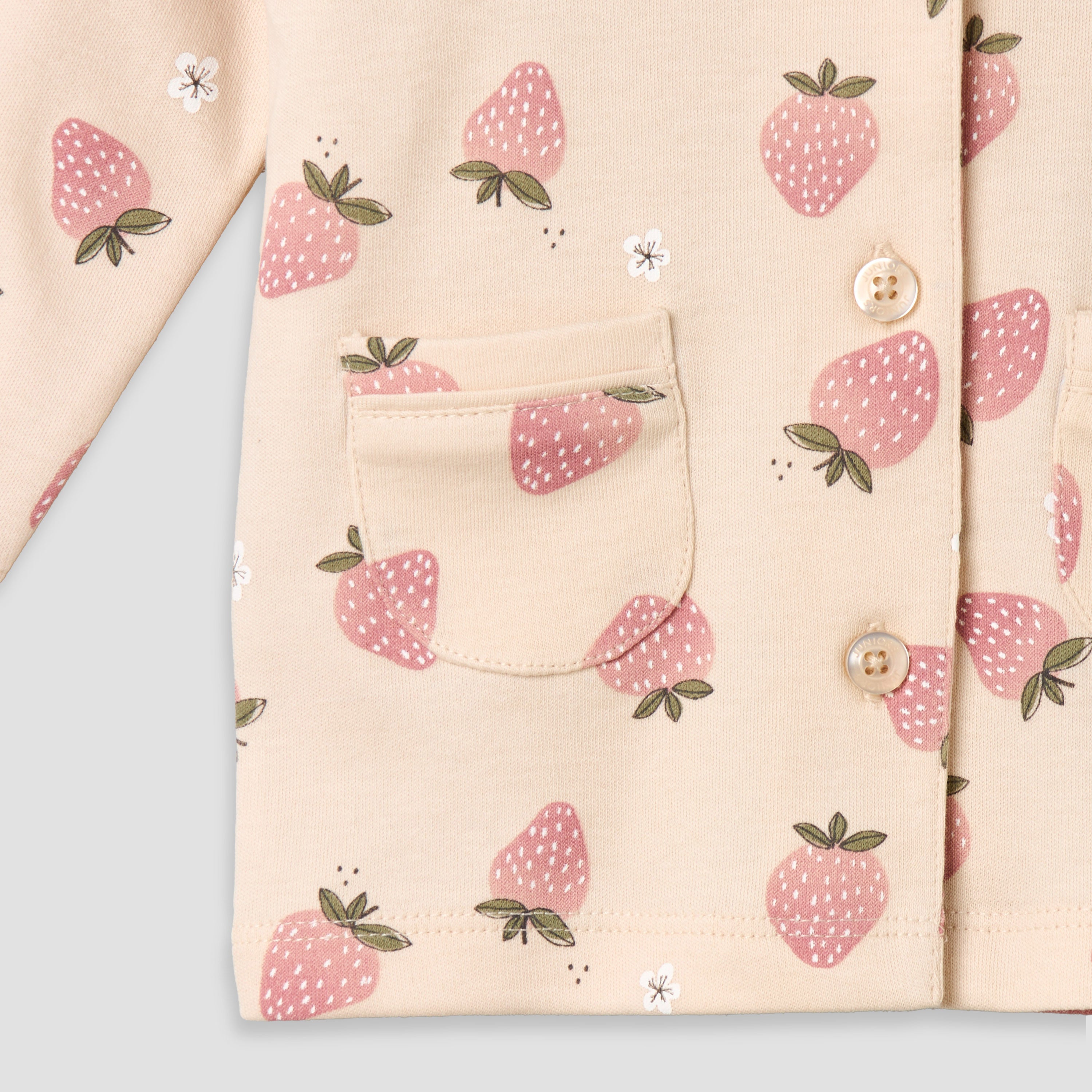 Juniors Cotton Collared Long Sleeves Pyjama Set with Strawberry Print
