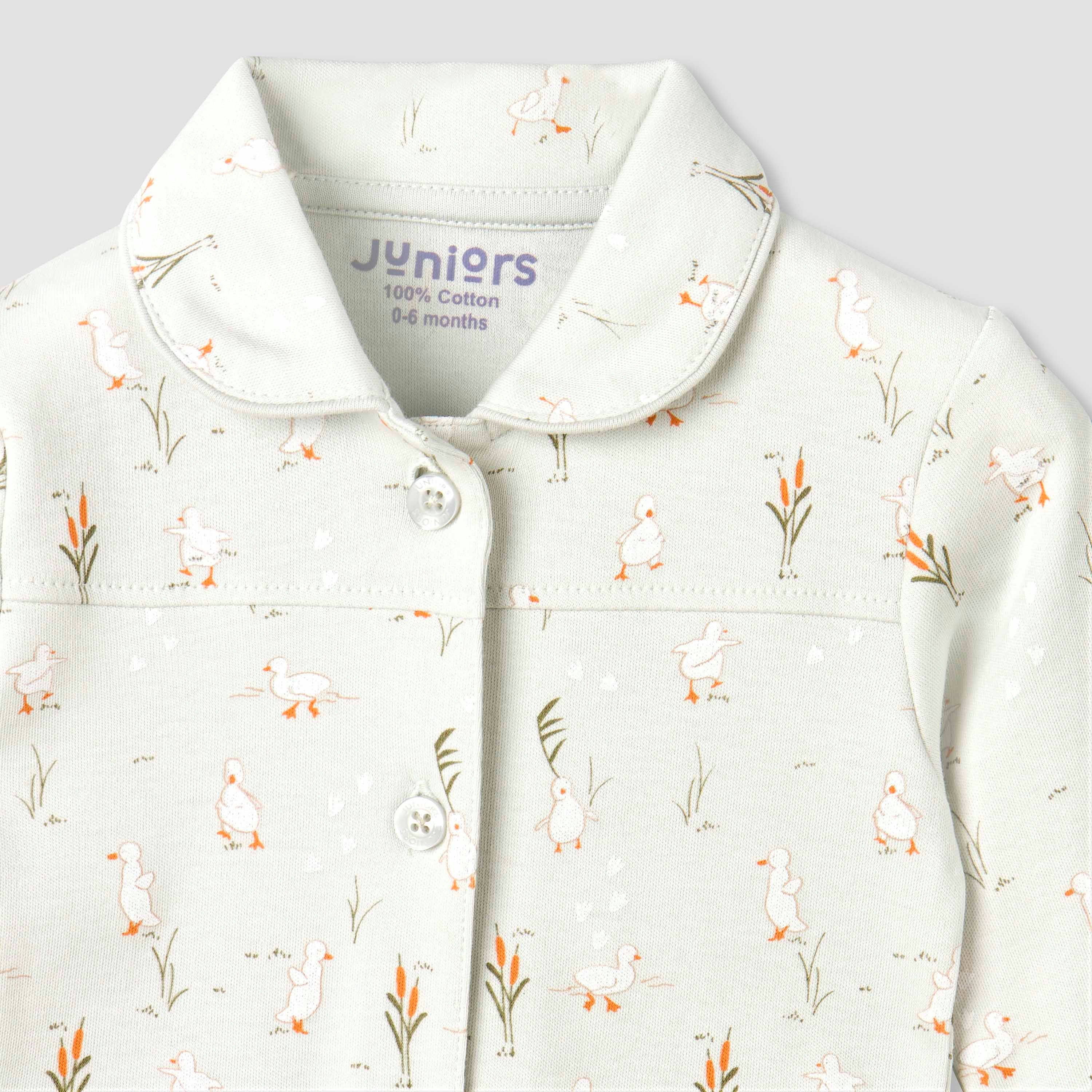 Juniors Cotton Collared Long Sleeves Pyjama Set with Duck Print