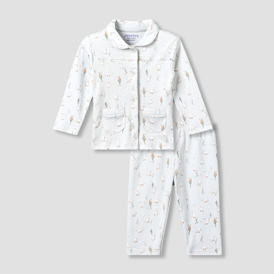 Juniors Cotton Collared Long Sleeves Pyjama Set with Duck Print
