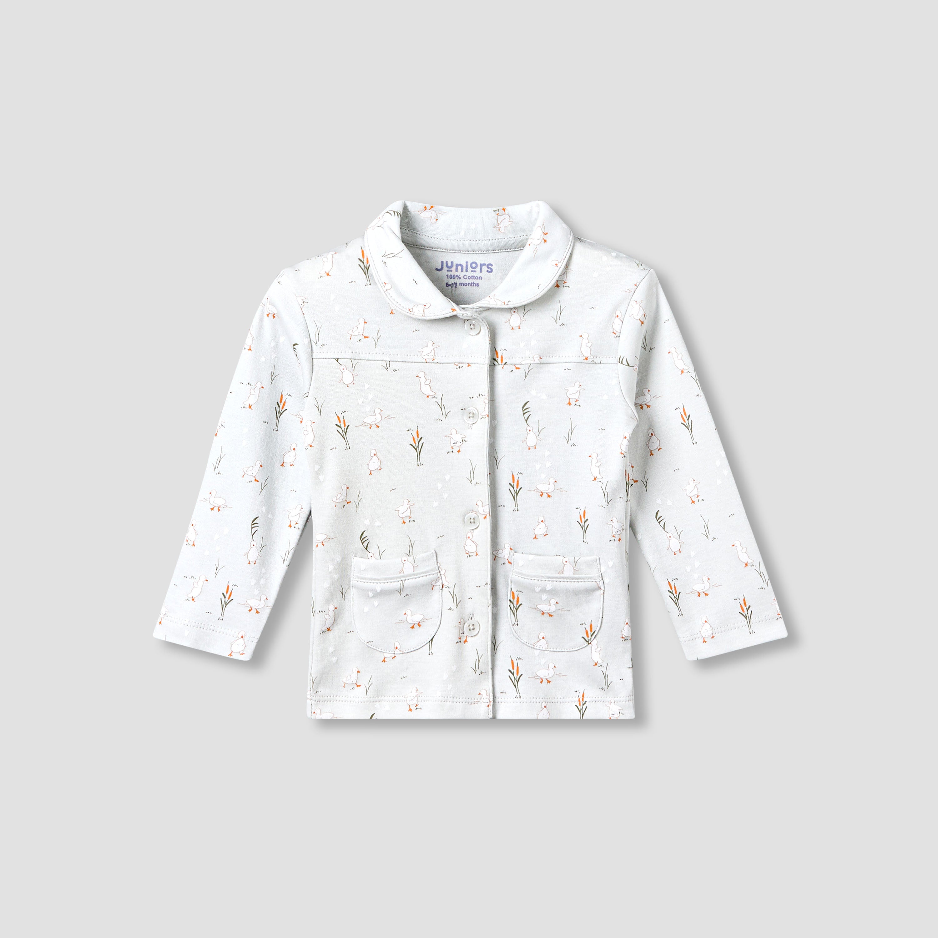 Juniors Cotton Collared Long Sleeves Pyjama Set with Duck Print