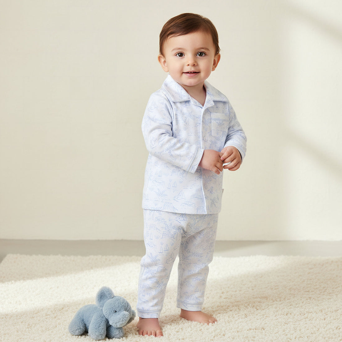 Giggles Cotton Collared Long Sleeves Pyjama Set with Print - Blue / 18-24 mths