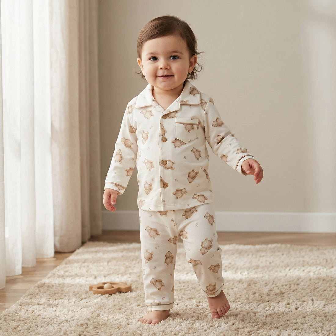 Giggles Cotton Collared Long Sleeves Pyjama Set with Teddy Bear Print
