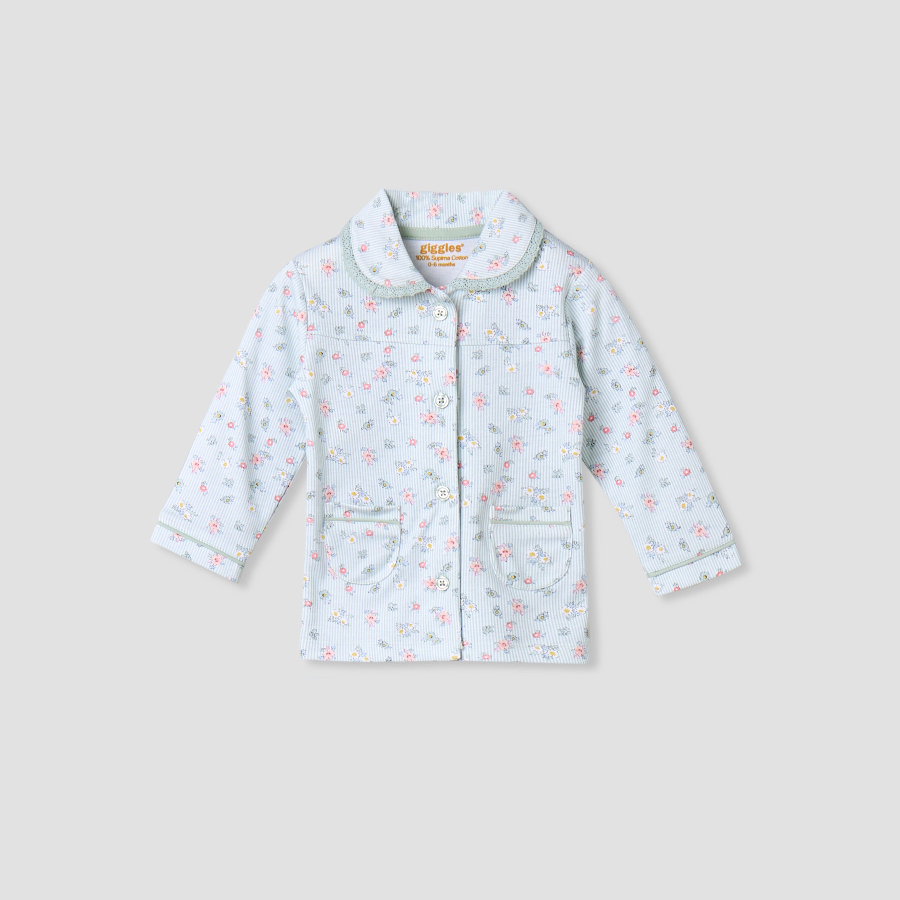 Giggles Cotton Collared Long Sleeves Pyjama Set with Floral Print