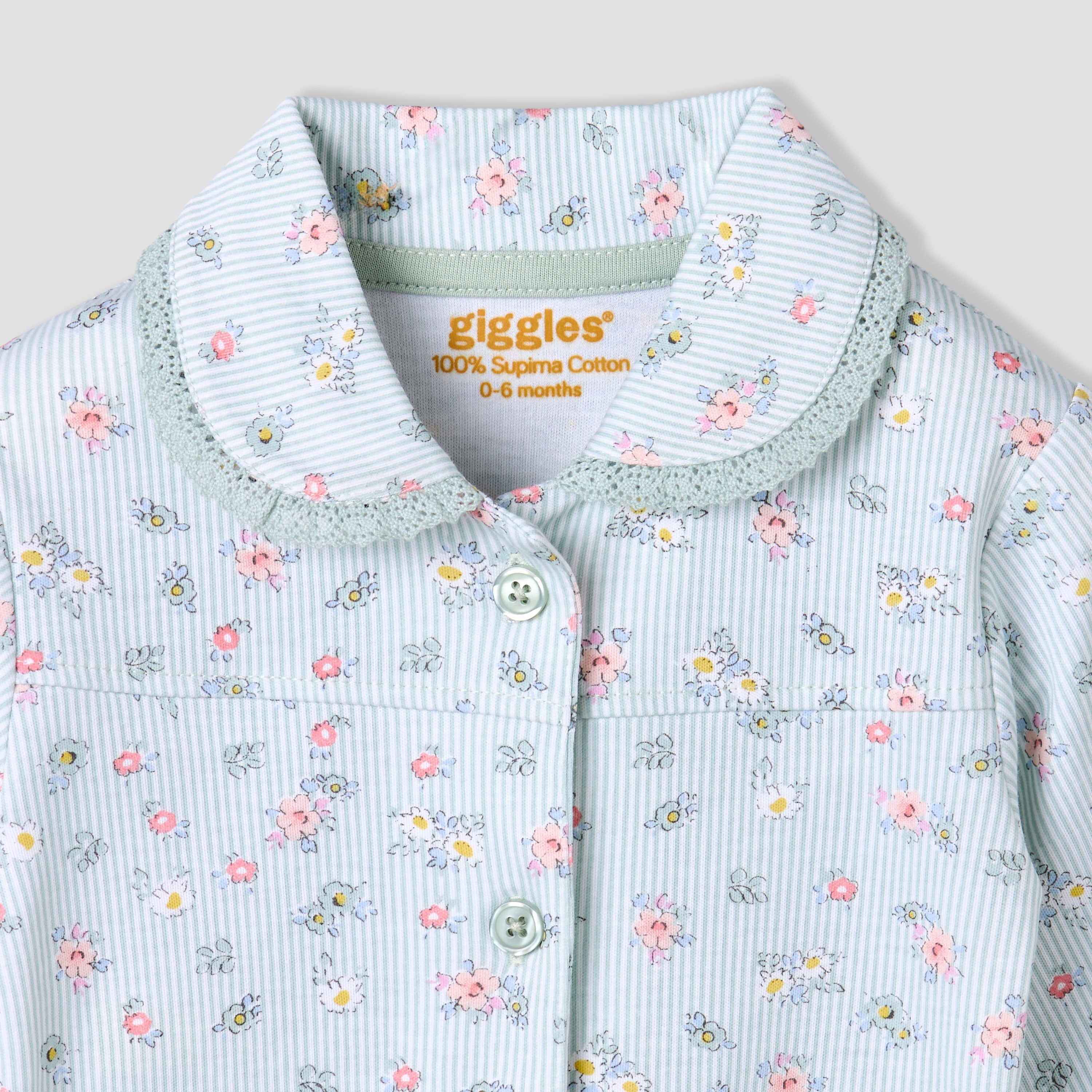 Giggles Cotton Collared Long Sleeves Pyjama Set with Floral Print