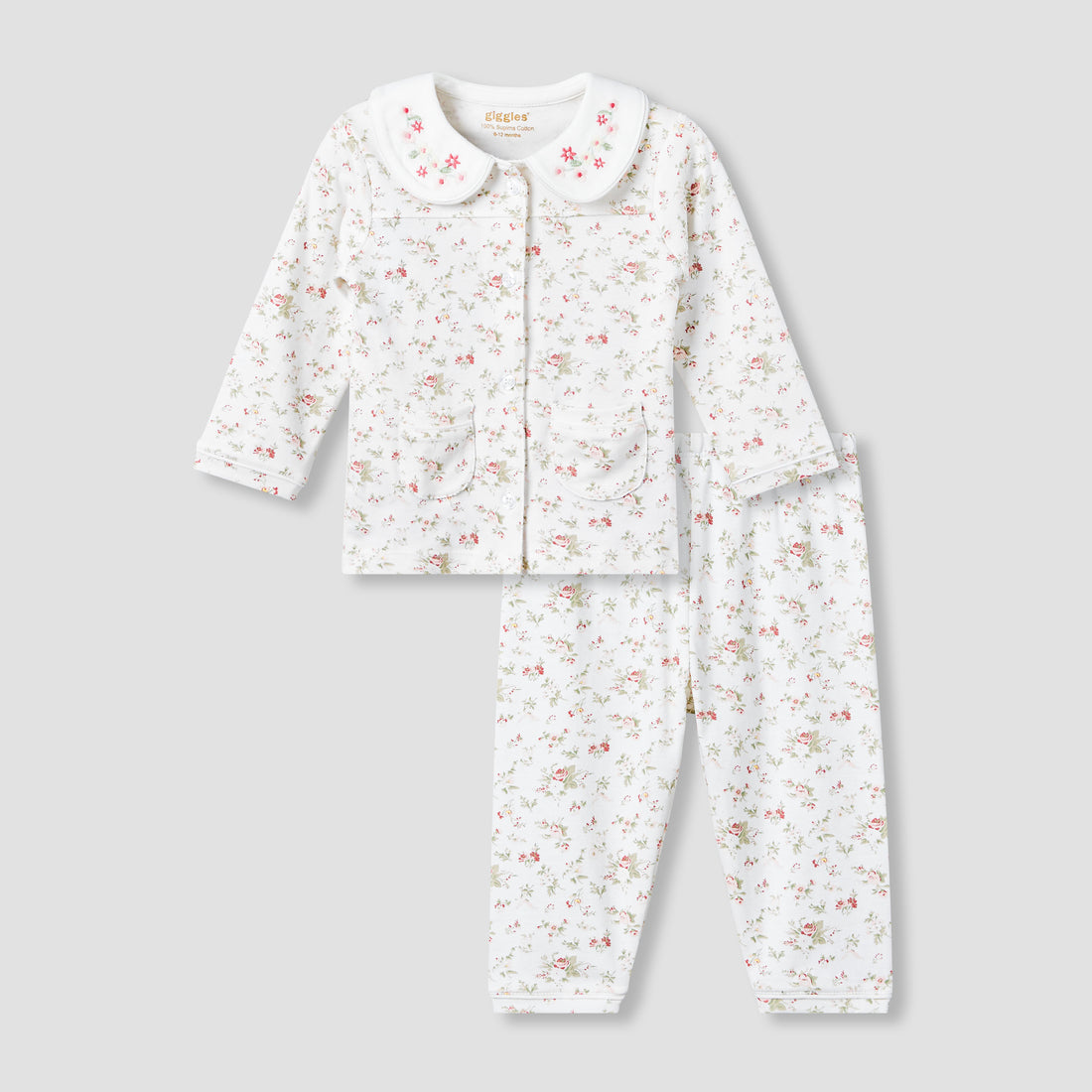 Giggles Cotton Peter Pan Collar Long Sleeves Pyjama Set with Floral Print - Multicolour / 12-18 mths
