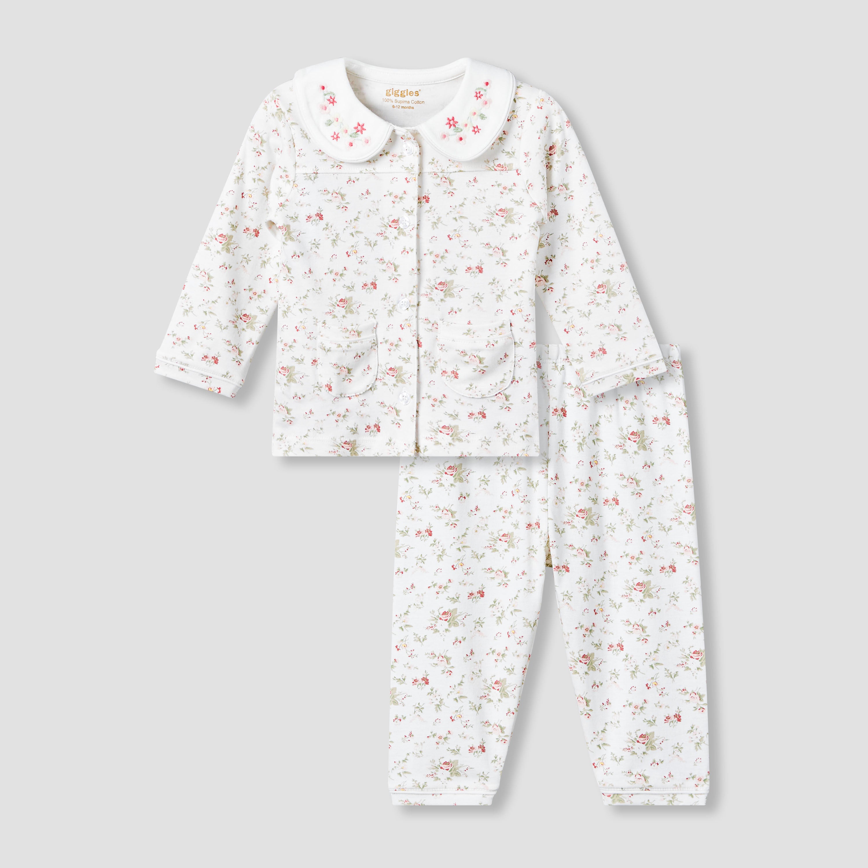 Giggles Cotton Peter Pan Collar Long Sleeves Pyjama Set with Floral Print - Multicolour / 12-18 mths