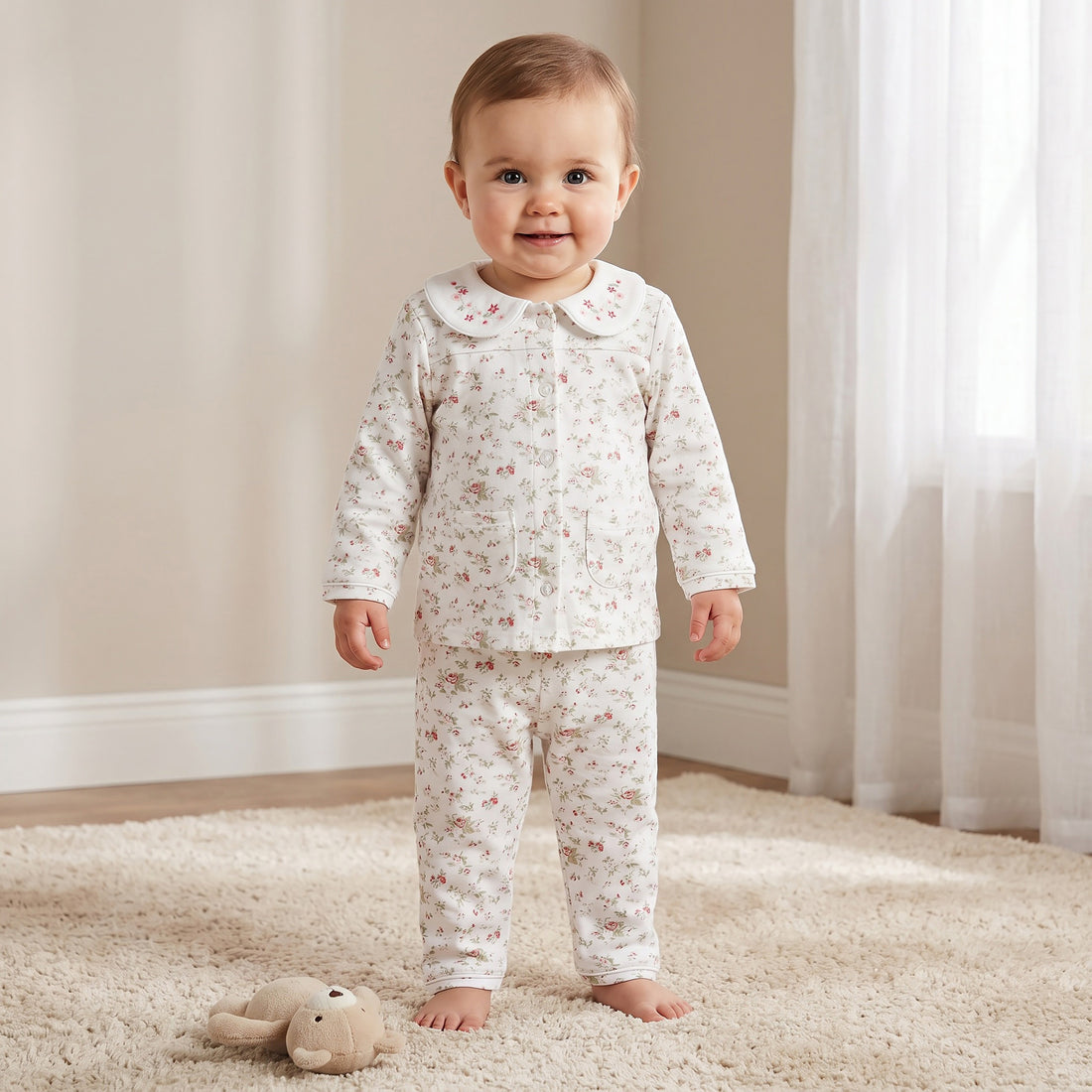 Giggles Cotton Peter Pan Collar Long Sleeves Pyjama Set with Floral Print - White / 12-18 mths
