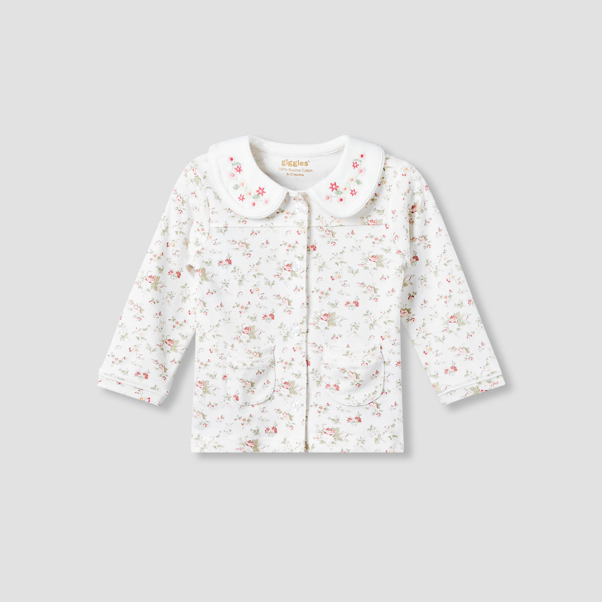 Giggles Cotton Peter Pan Collar Long Sleeves Pyjama Set with Floral Print
