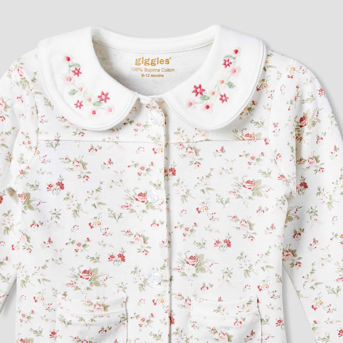 Giggles Cotton Peter Pan Collar Long Sleeves Pyjama Set with Floral Print