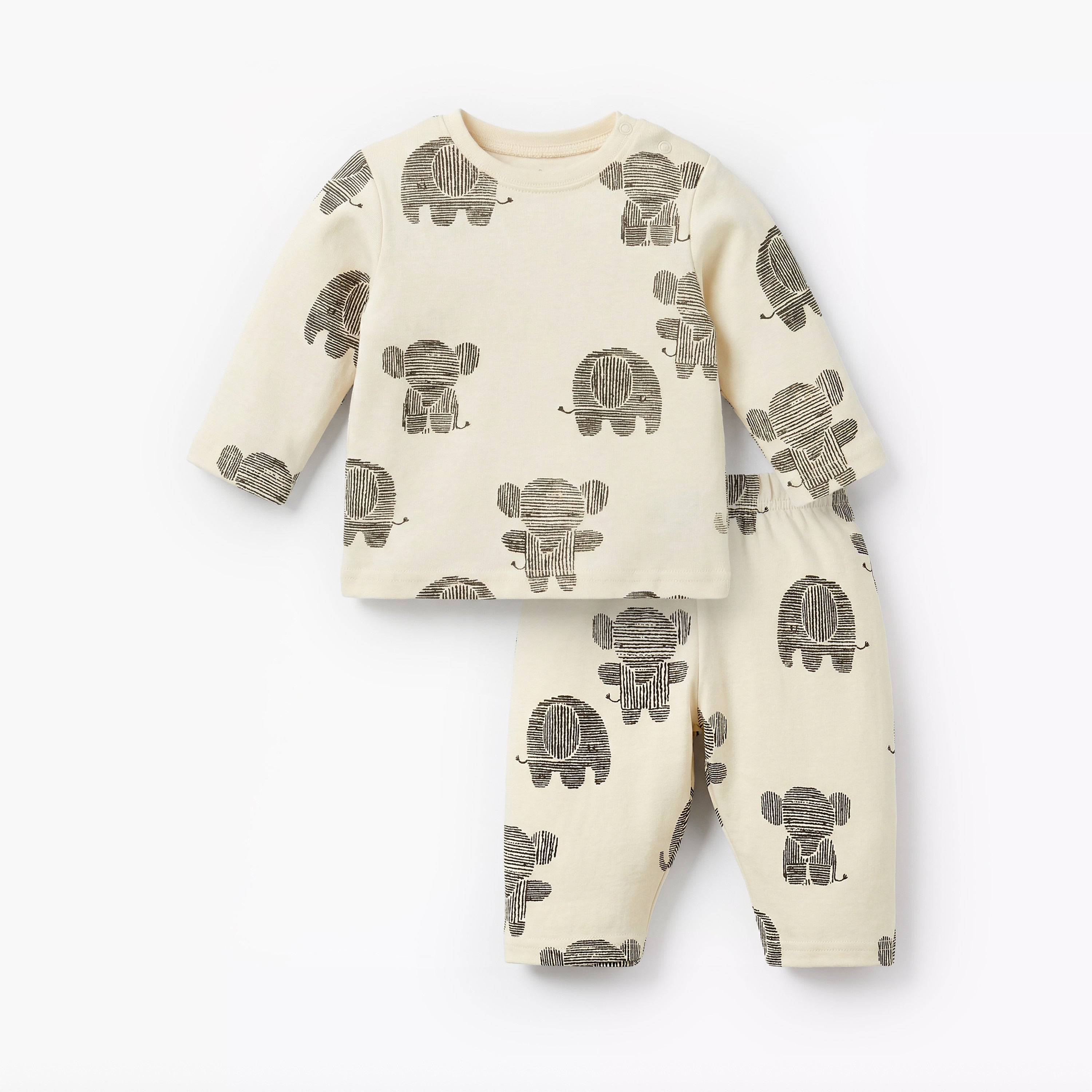Juniors Cotton Round Neck Long Sleeves Pyjama Set with Elephant Print - Beige / 12-18 mths