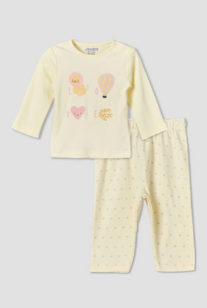 Juniors Cotton Round Neck Long Sleeves Pyjama Set with Polka Dot Print