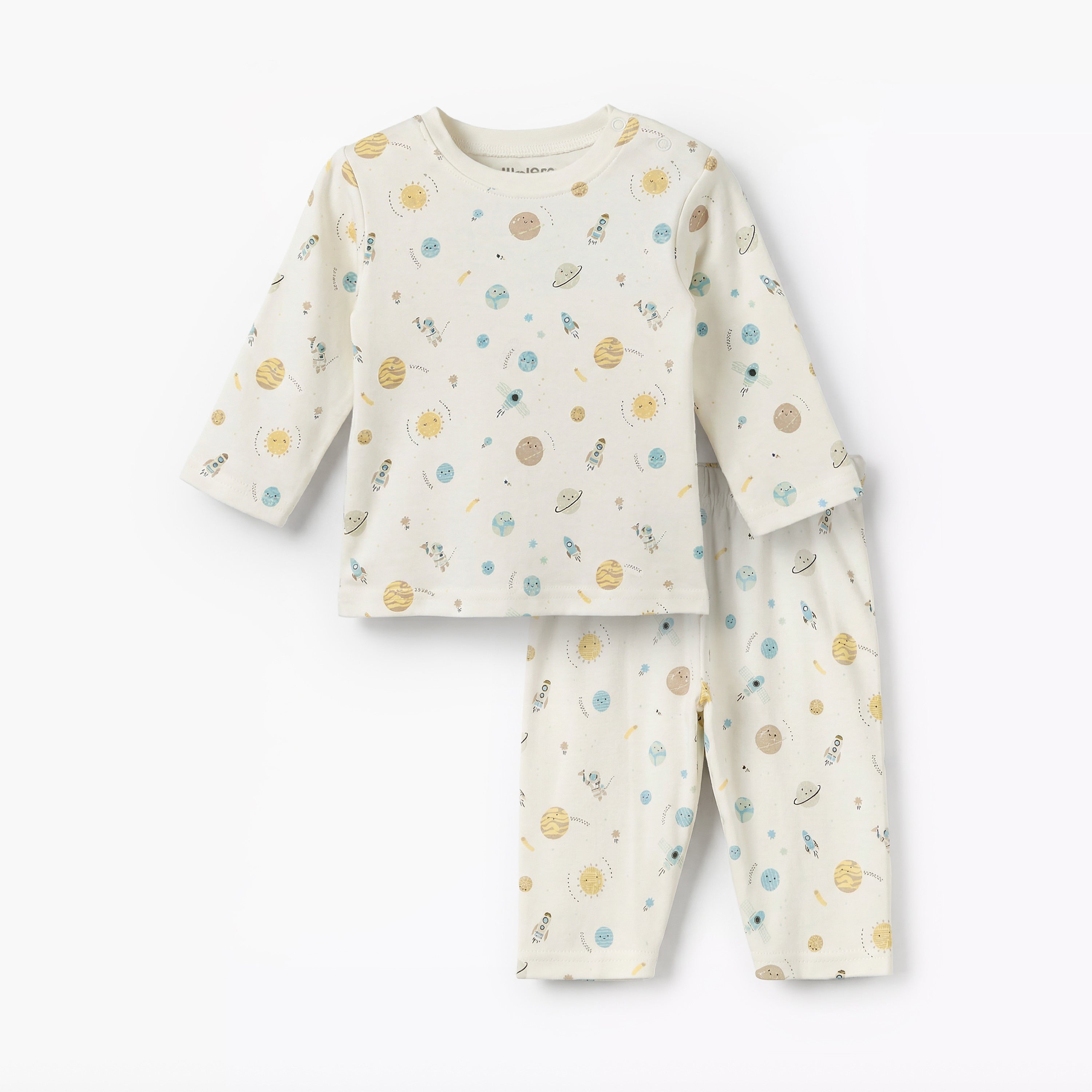 Juniors Cotton Round Neck Long Sleeves Pyjama Set with Space Print - Beige / 12-18 mths