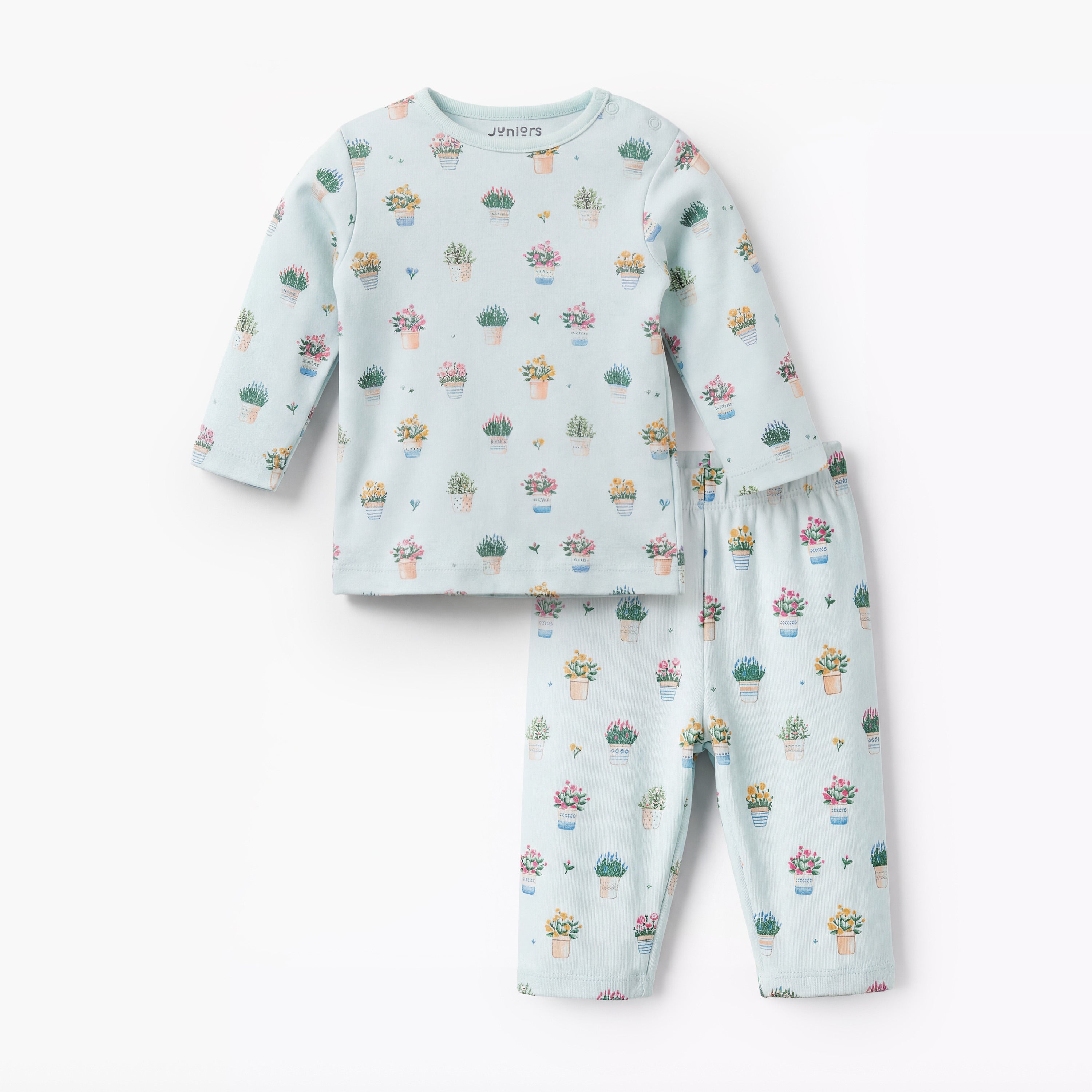 Juniors Cotton Round Neck Long Sleeves Pyjama Set with Flower Pot Print - Green / 12-18 mths