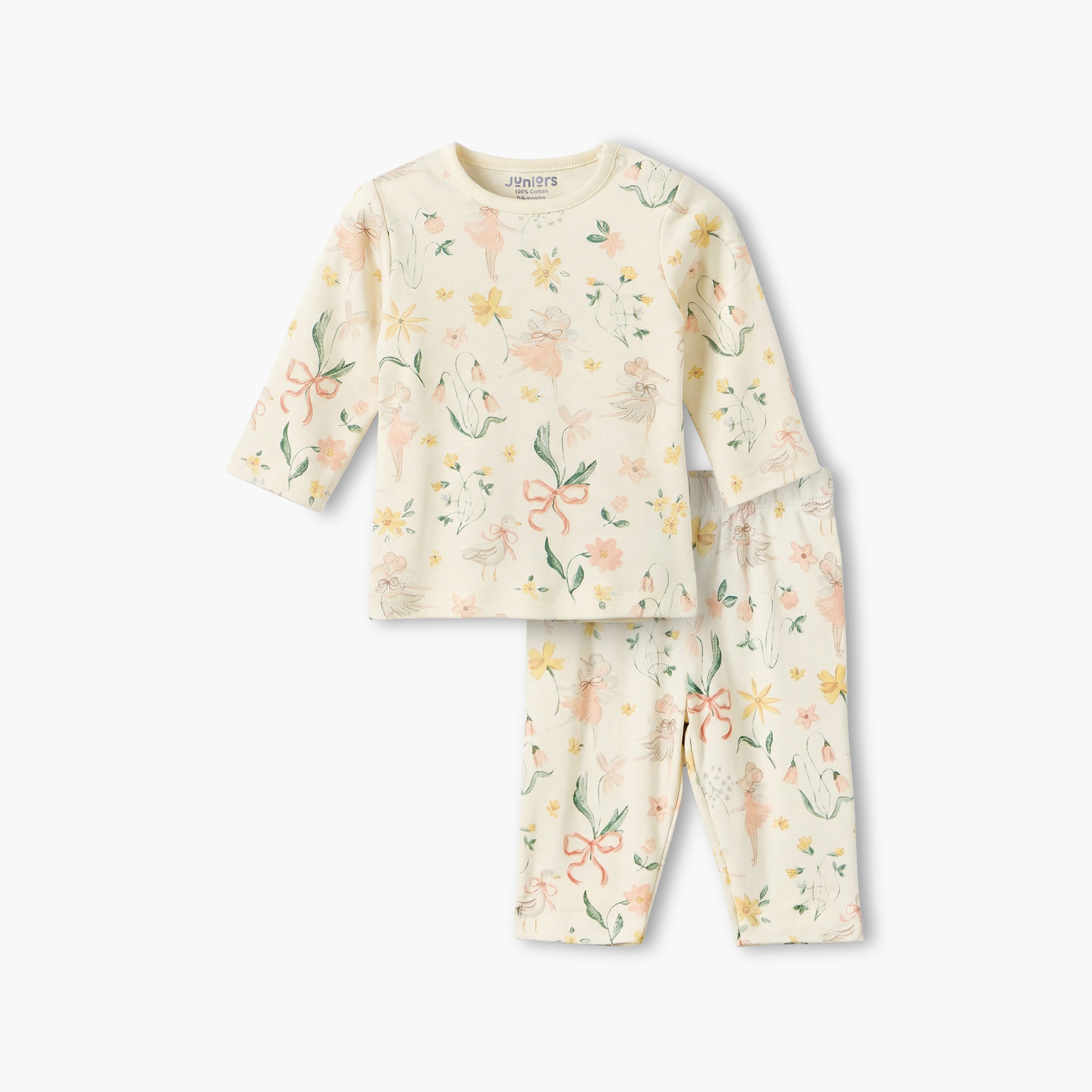 Juniors Cotton Round Neck Long Sleeves Pyjama Set with Botanical Print - Yellow / 12-18 mths