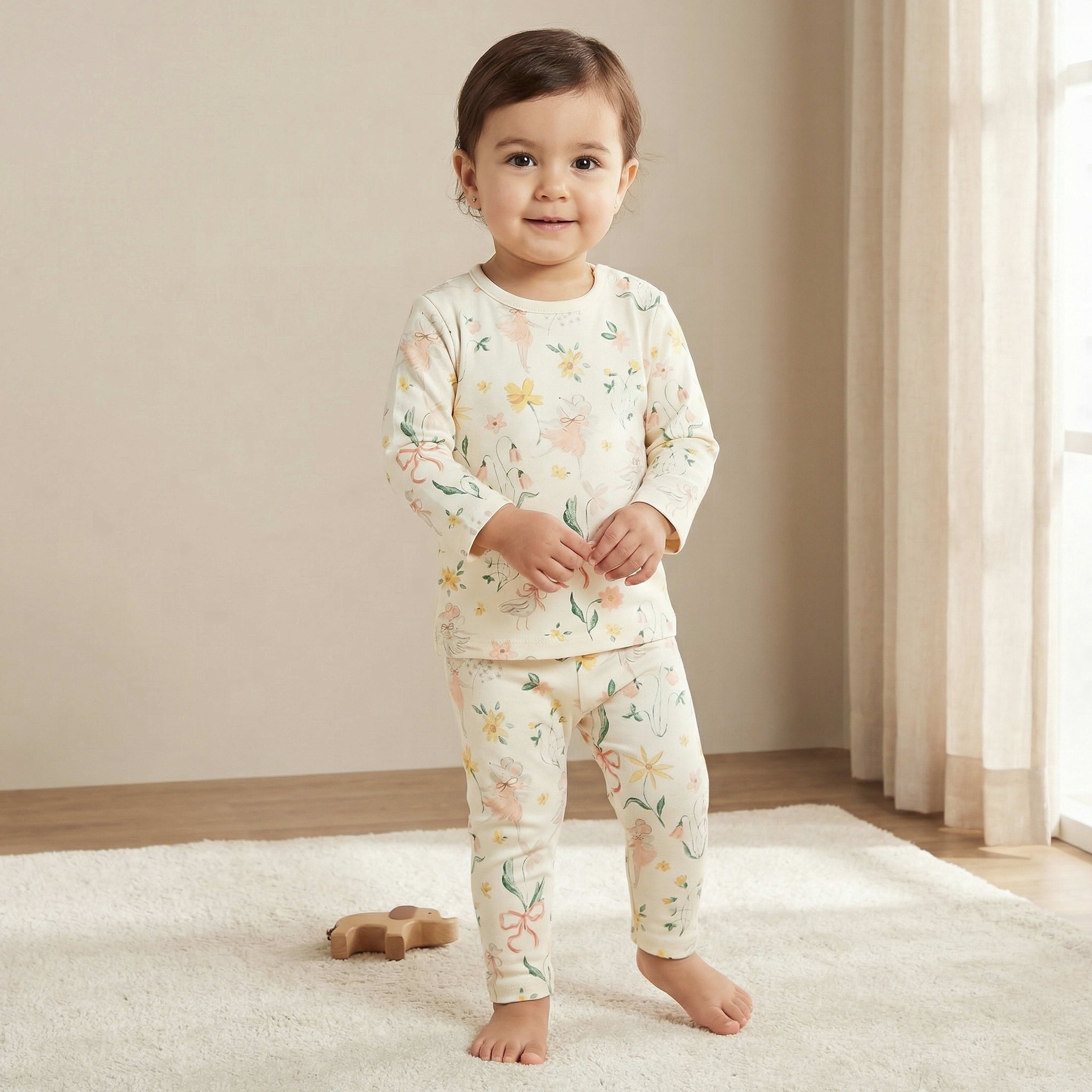 Juniors Cotton Round Neck Long Sleeves Pyjama Set with Botanical Print