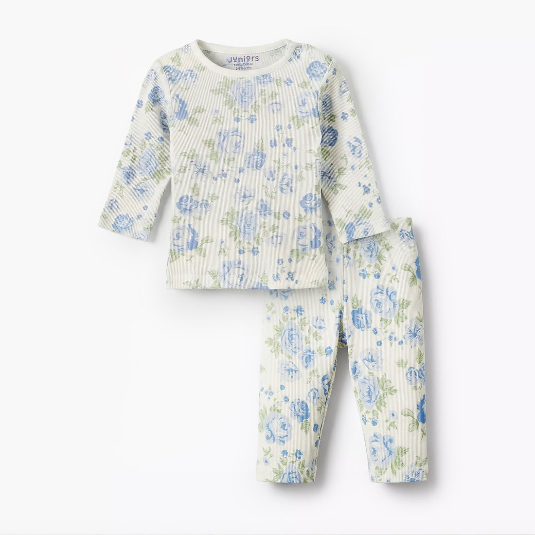 Juniors Cotton Round Neck Long Sleeves Pyjama Set with Floral Print - Blue / 18-24 mths