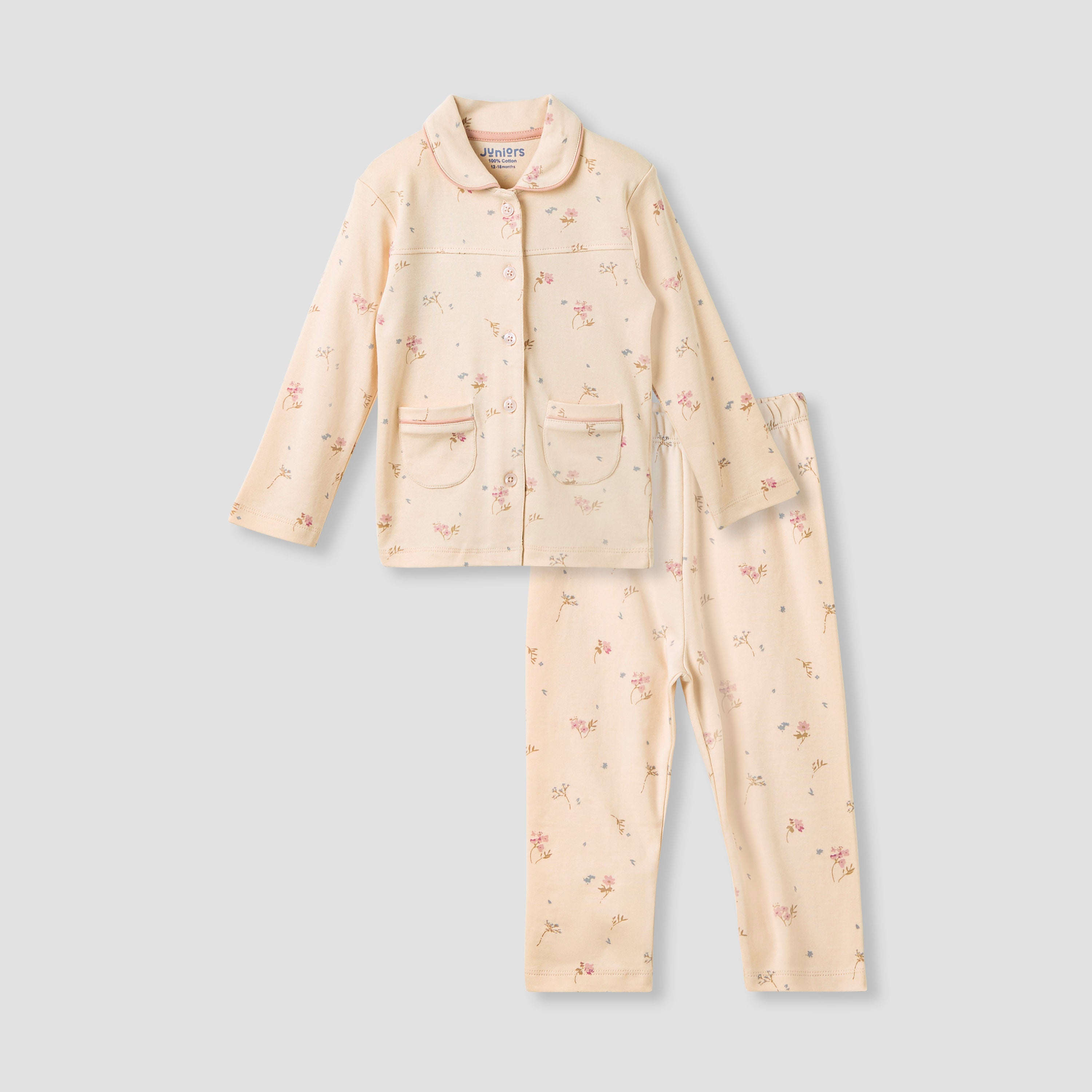 Juniors Floral Print Shirt and Pyjama Set - Peach / 12-18 mths