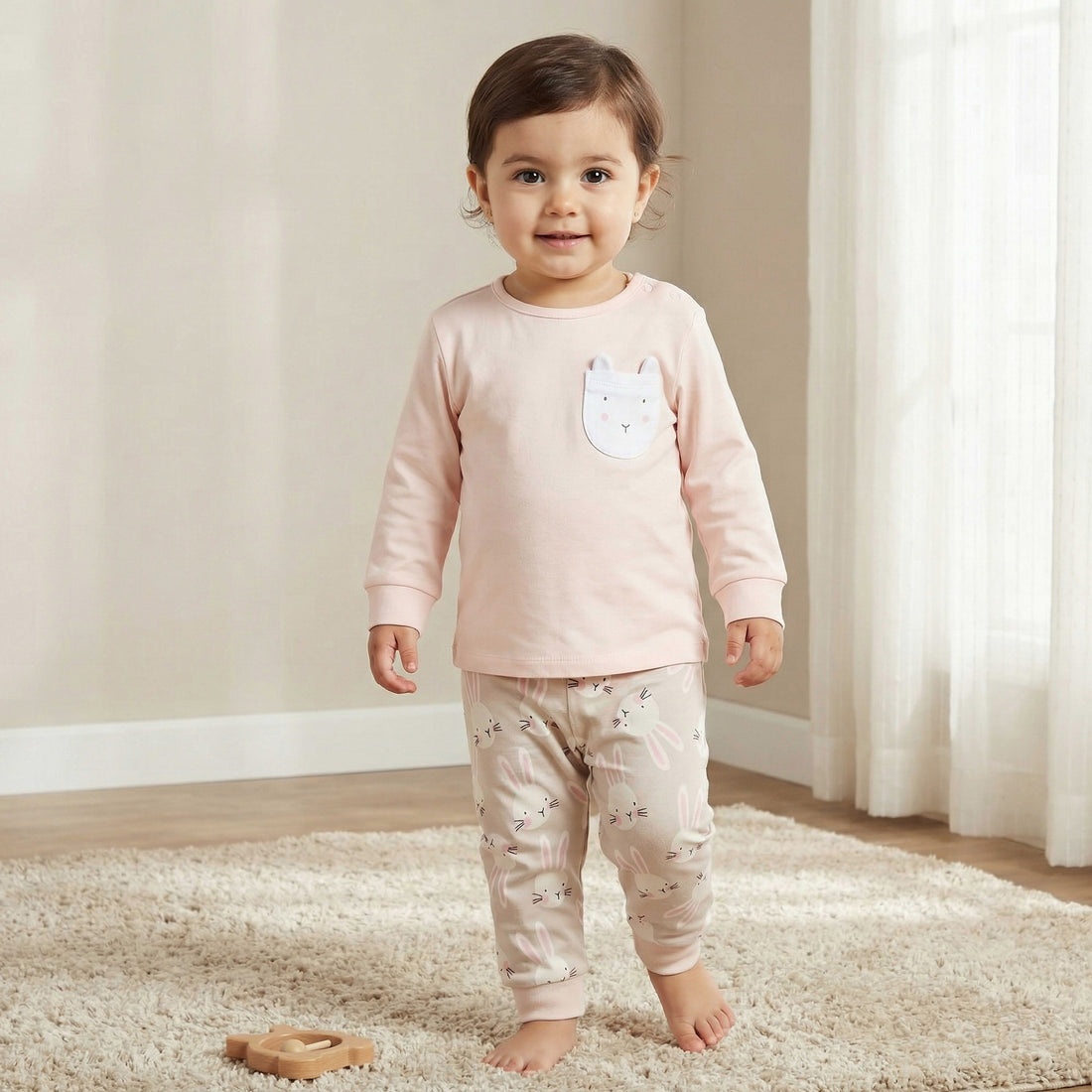 Juniors Cotton Round Neck Long Sleeve Pyjama Set with Bunny Print - Peach / 18-24 mths