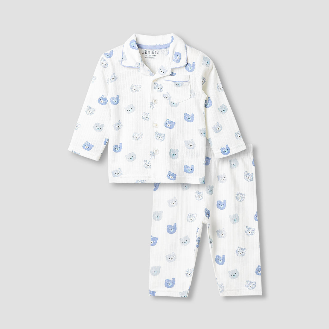 Juniors Pyjama Set with Bear Print - Cotton - Long Sleeves - Collar - Green / 12-18 mths