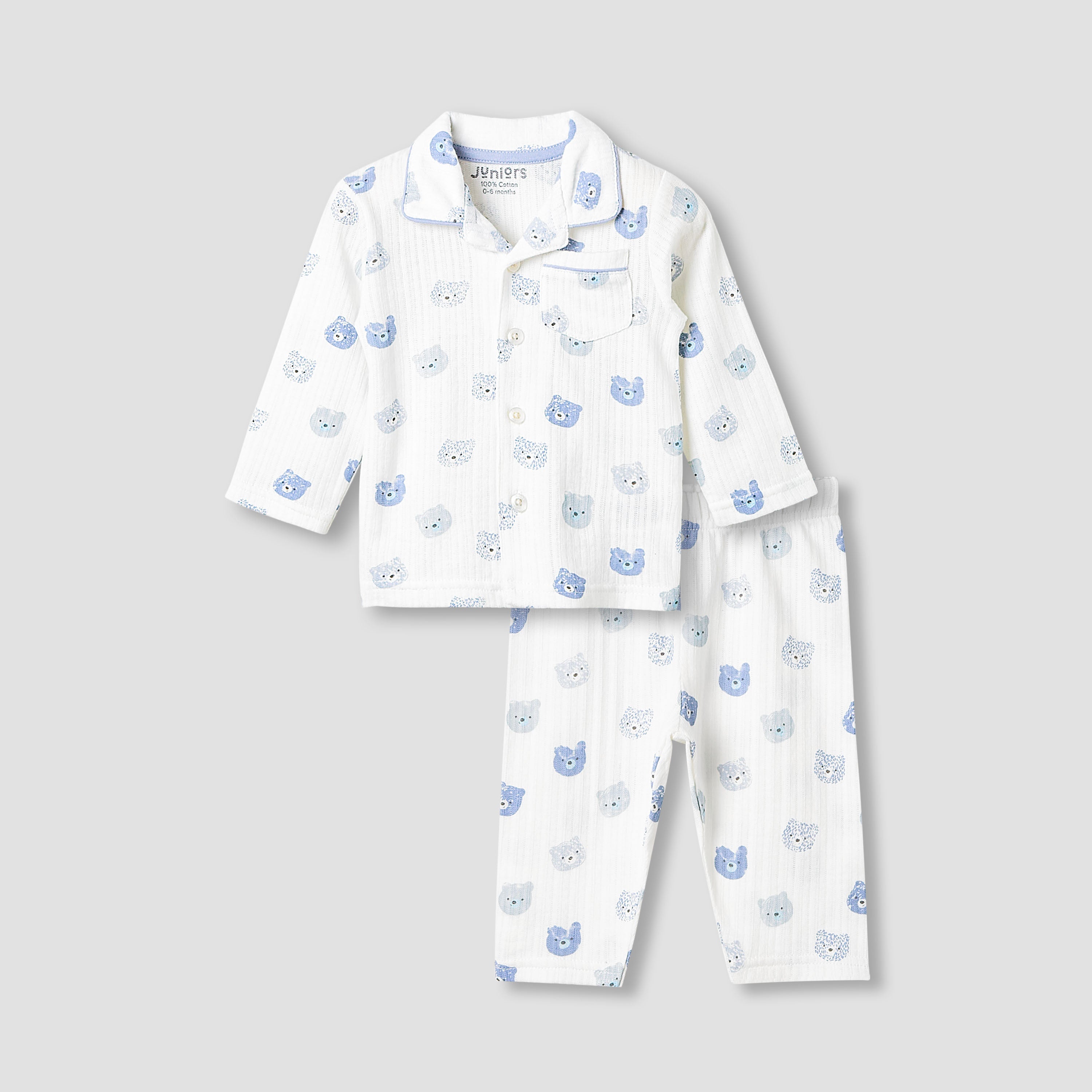 Juniors Pyjama Set with Bear Print - Cotton - Long Sleeves - Collar - Green / 12-18 mths