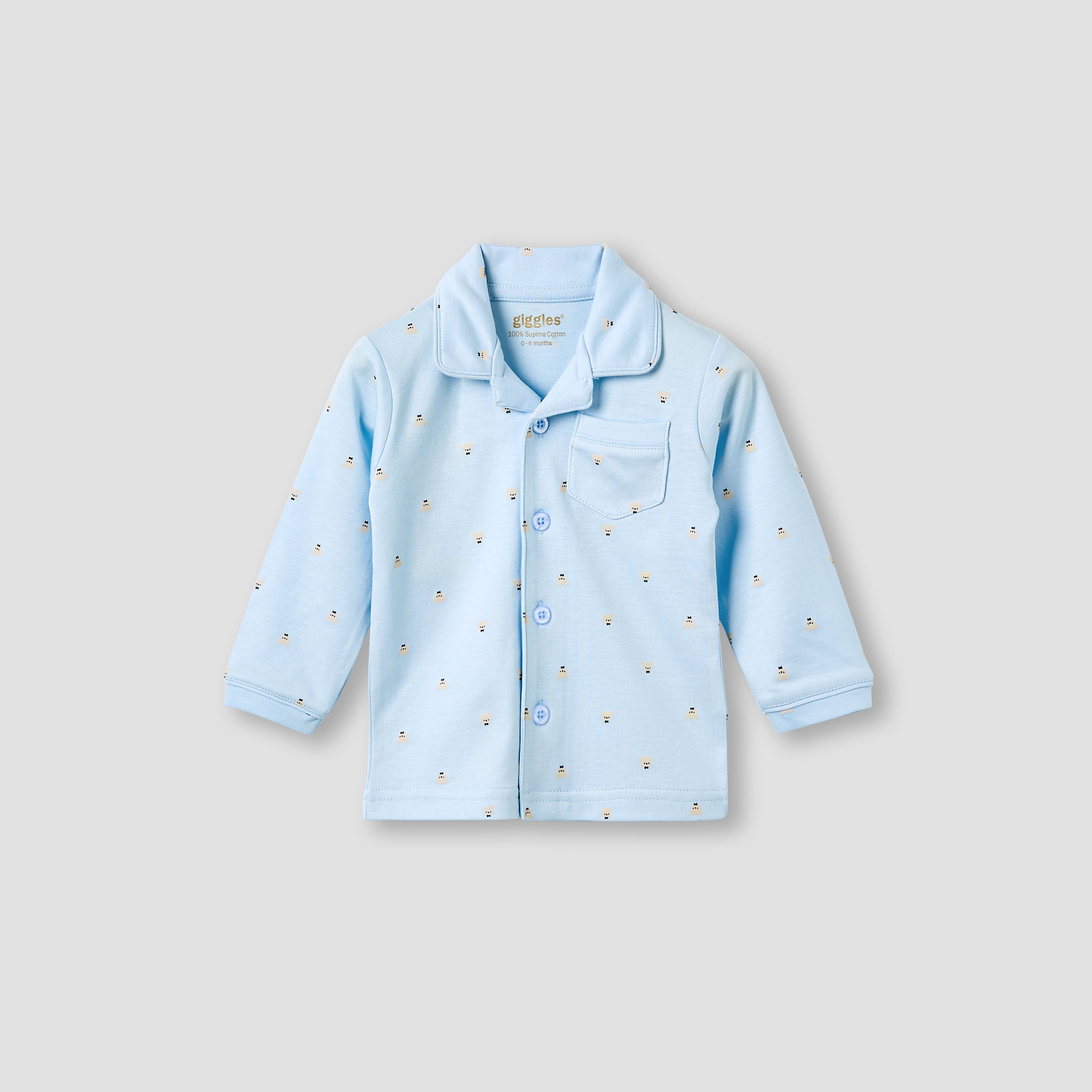Giggles Pyjama Set with Pocket - Cotton - Long Sleeves - Collared Neck