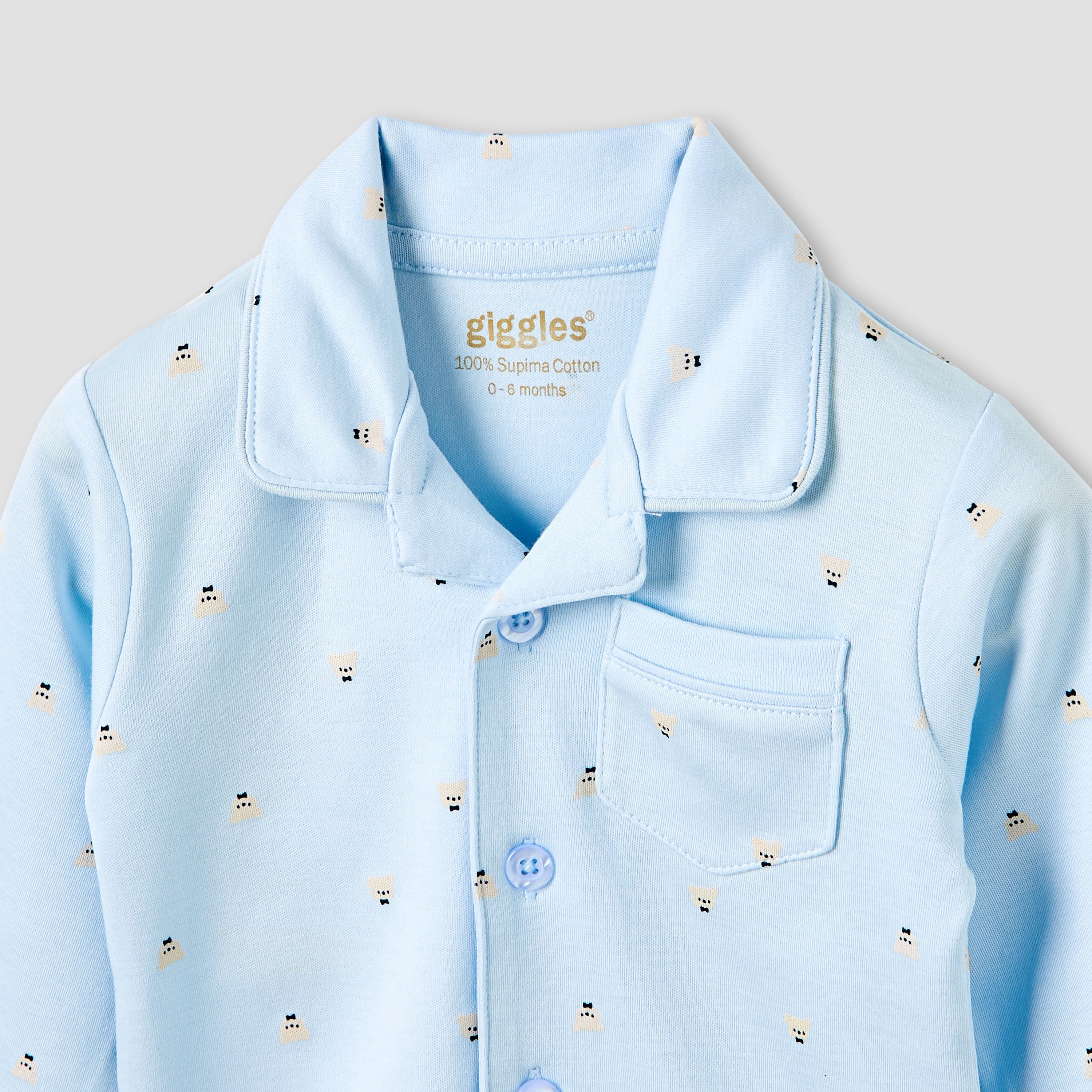 Giggles Pyjama Set with Pocket - Cotton - Long Sleeves - Collared Neck