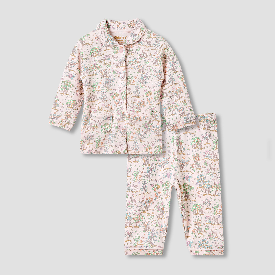 Giggles Pyjama Set with Print - Cotton - Long Sleeves - Collar - Cream / 12-18 mths