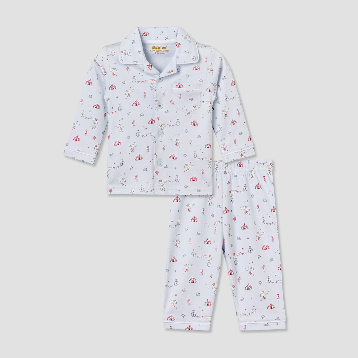 Giggles Cotton Collared Long Sleeves Pyjama Set with Circus Print
