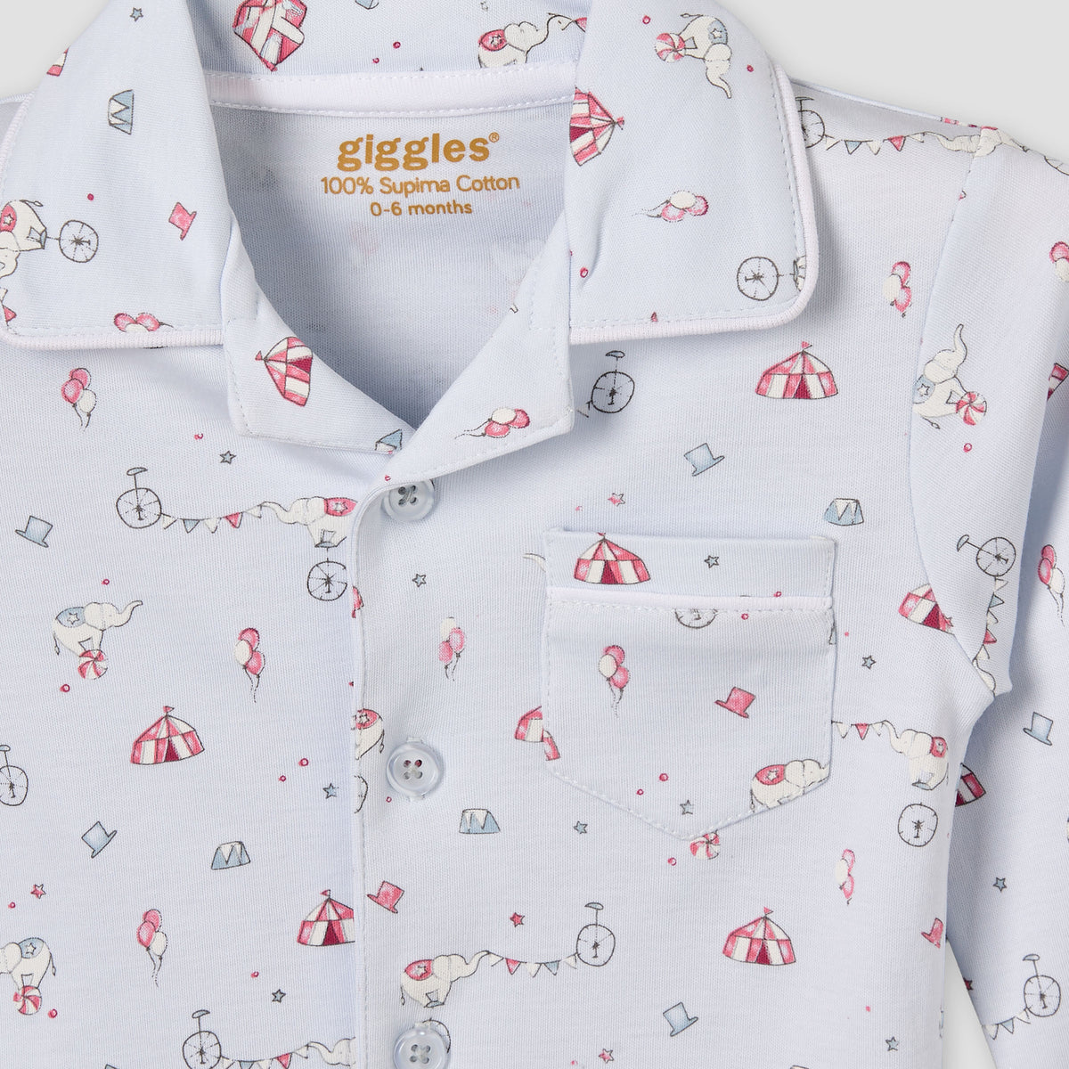 Giggles Cotton Collared Long Sleeves Pyjama Set with Circus Print