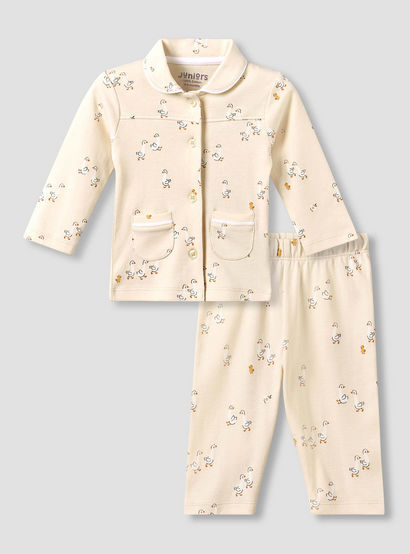 Juniors Cotton Collared Long Sleeves Pyjama Set with Duck Print-baby-girls-clothing-nightwear-pyjamasets-image-2