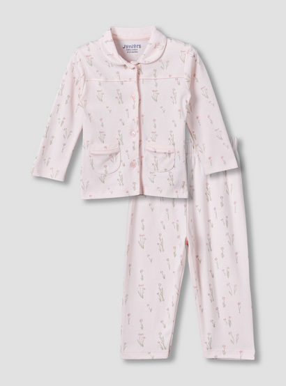 Juniors Cotton Collared Long Sleeves Pyjama Set with Floral Print-baby-girls-clothing-nightwear-pyjamasets-image-2