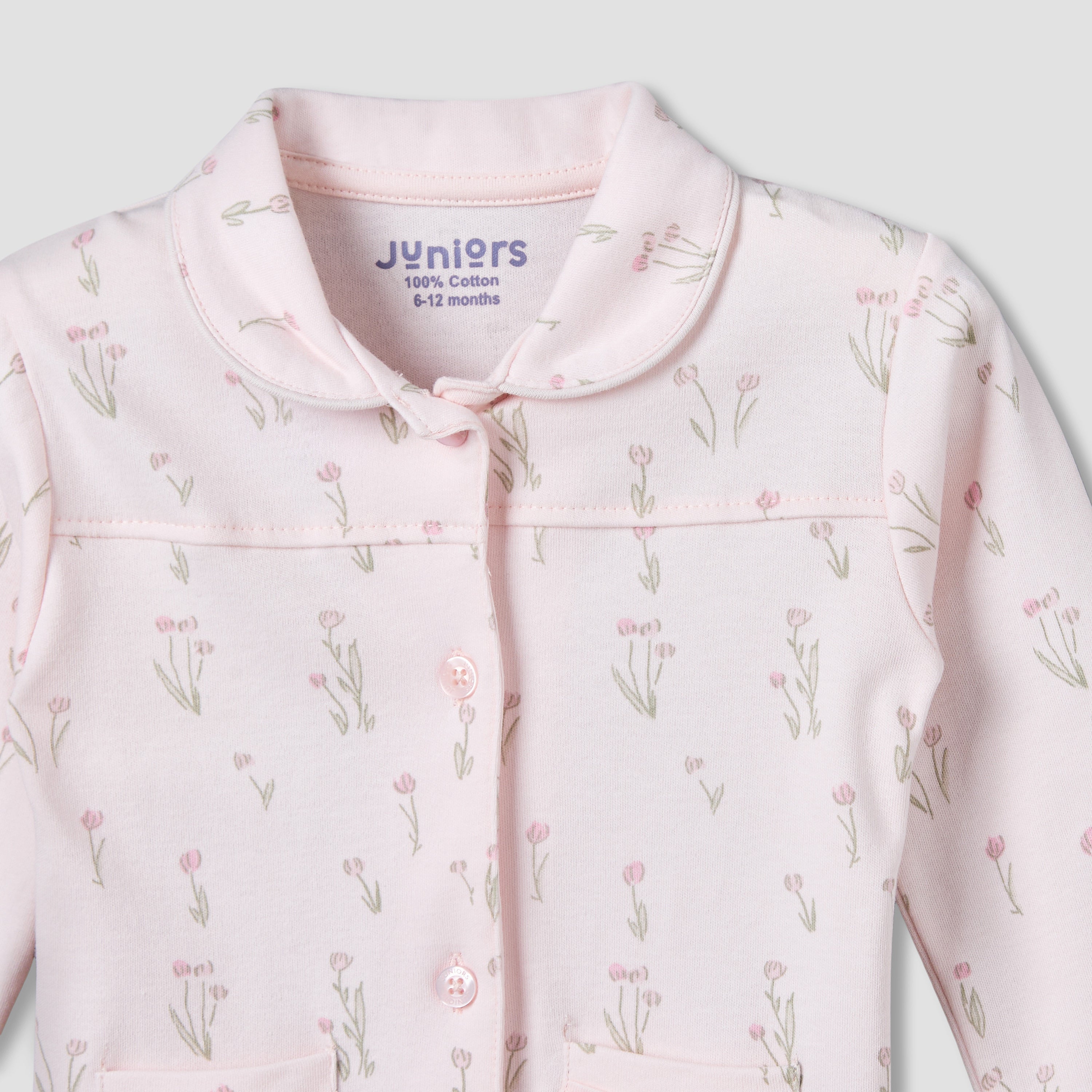 Juniors Cotton Collared Long Sleeves Pyjama Set with Floral Print