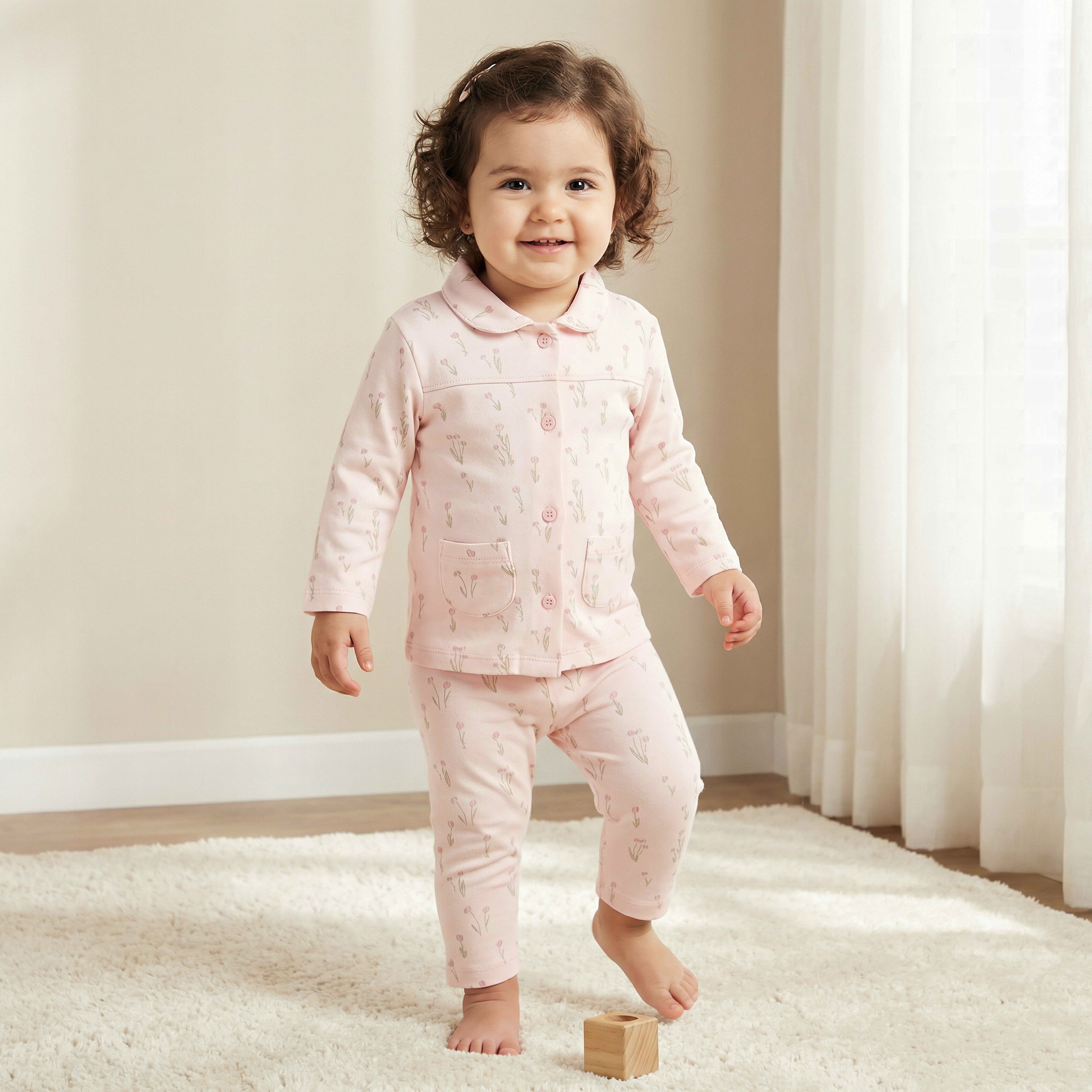 Juniors Cotton Collared Long Sleeves Pyjama Set with Floral Print - Pink / 12-18 mths