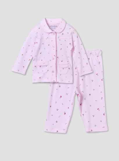 Juniors Cotton Collared Long Sleeve Pyjama Set with Floral Print-baby-girls-clothing-nightwear-pyjamasets-image-1