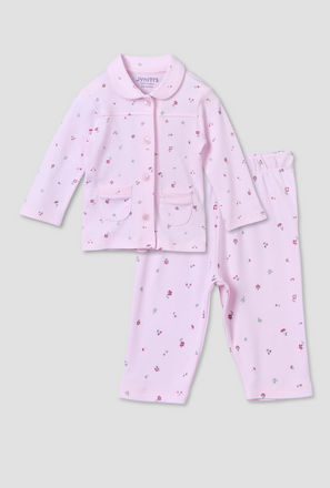 Juniors Cotton Collared Long Sleeve Pyjama Set with Floral Print