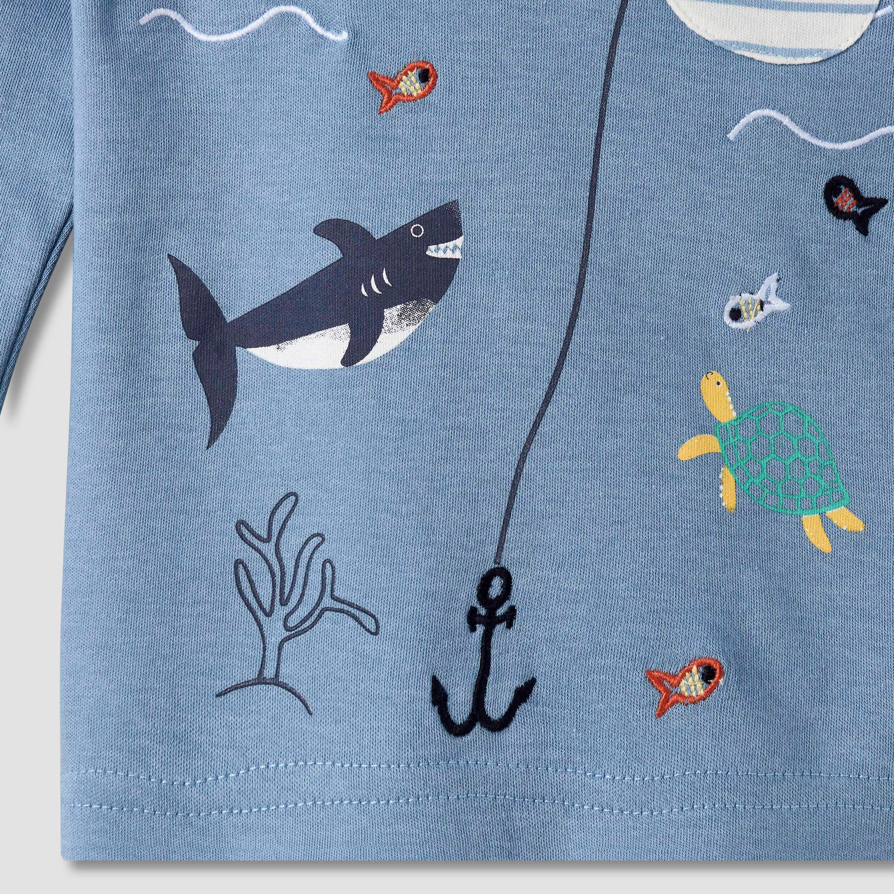 Juniors Cotton Long Sleeves Pyjama Set with Underwater Embroidery