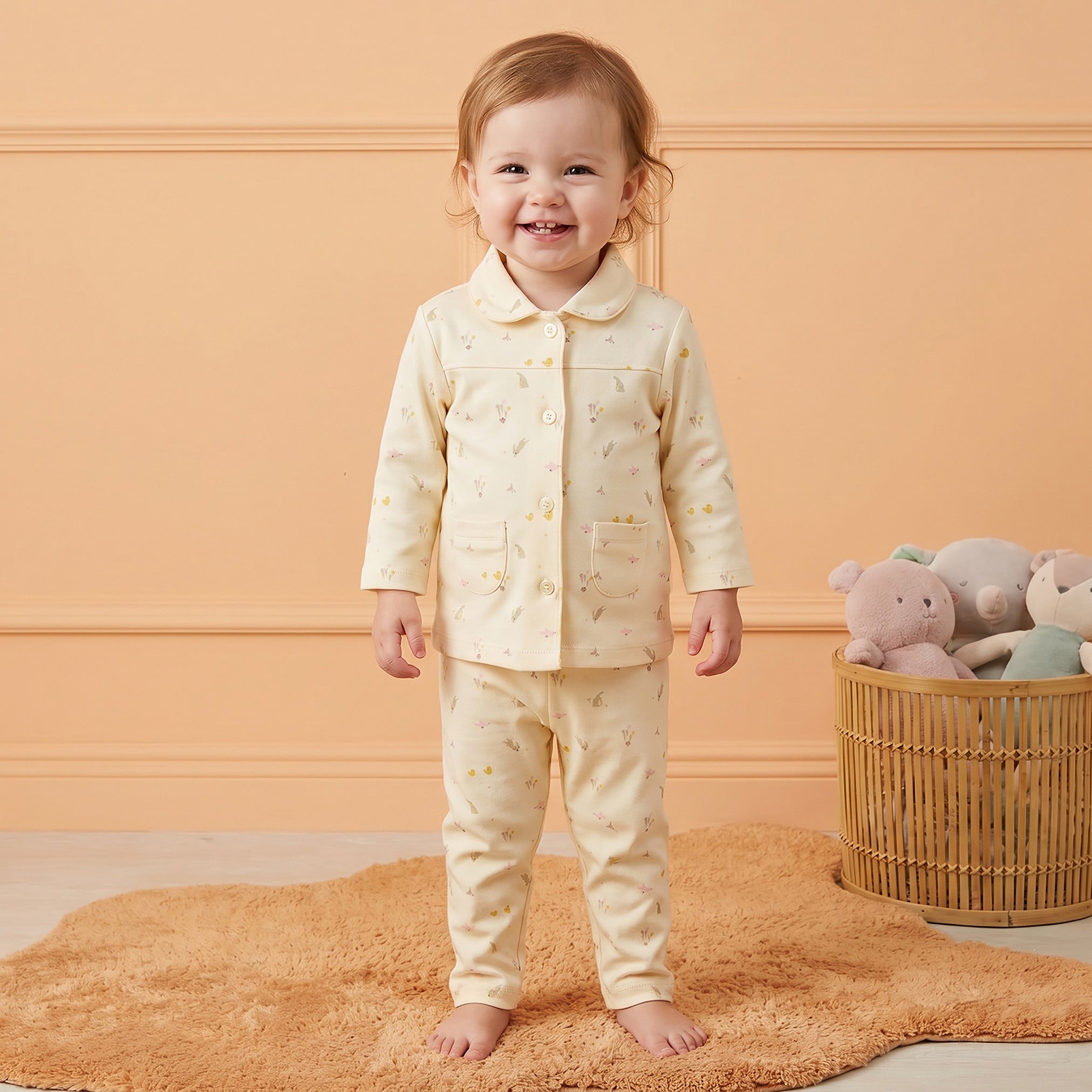 Juniors Cotton Collared Long Sleeves Pyjama Set with Bunny Print