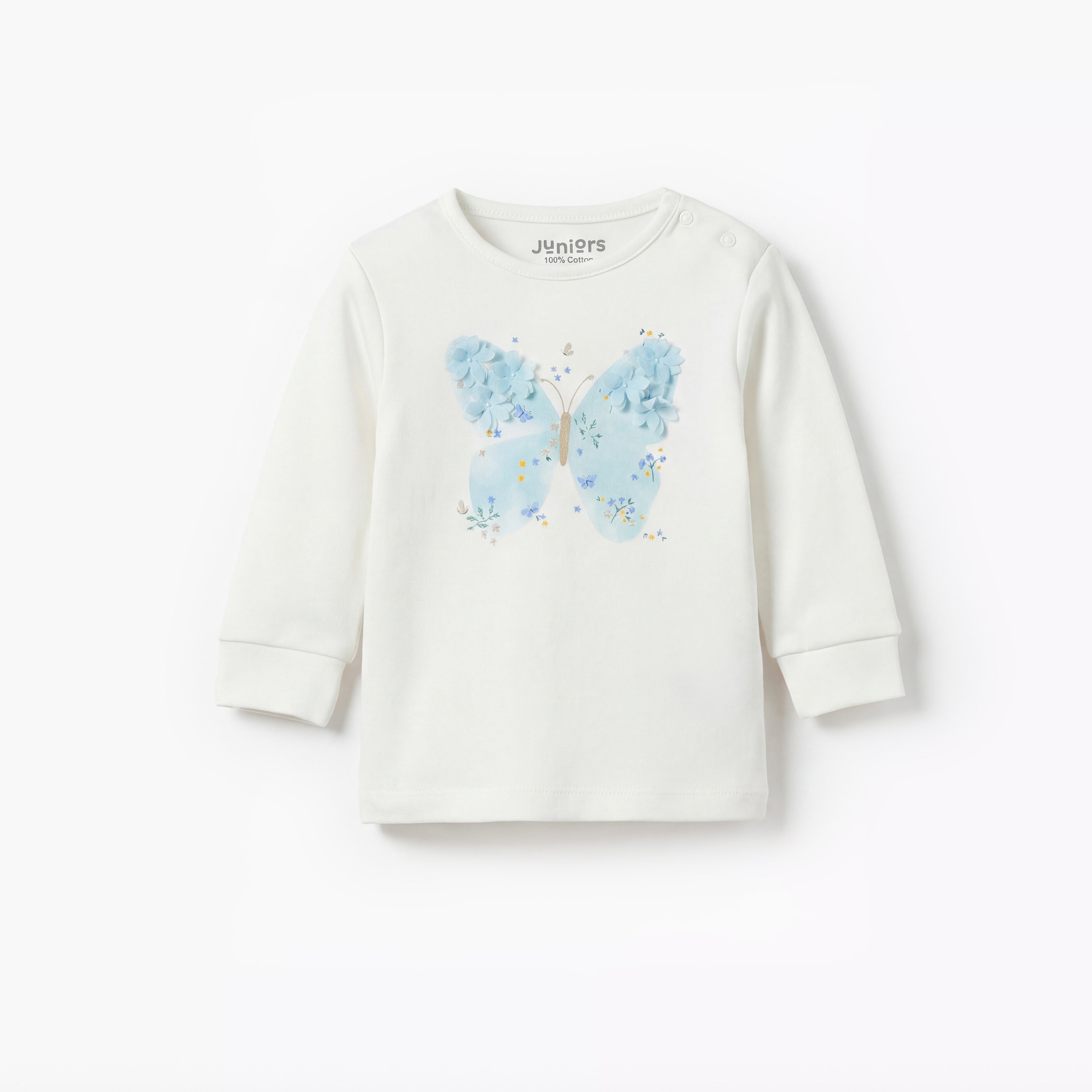 Juniors Cotton Long Sleeves Pyjama Set with Floral Applique Detail